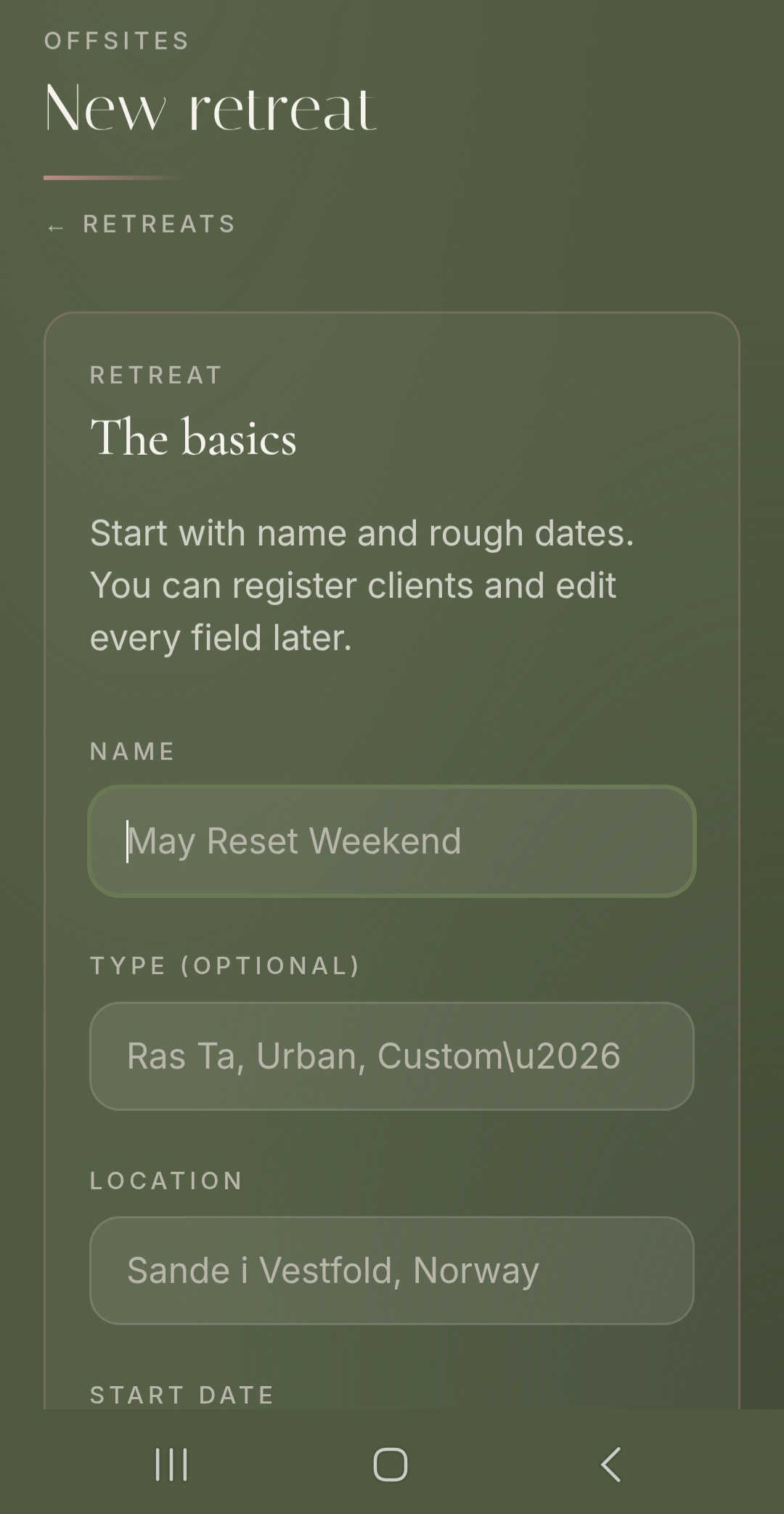 CIRA new retreat form with name, type, location, start date