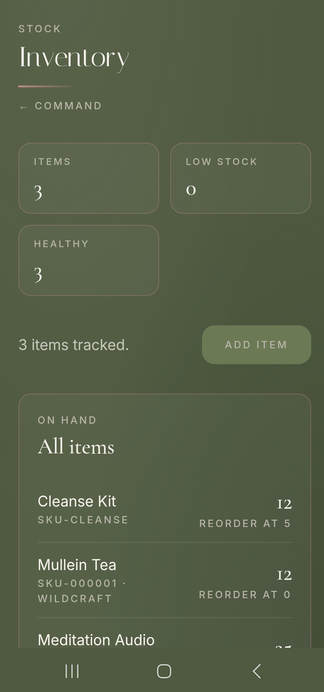 CIRA inventory view with Cleanse Kit, Mullein Tea, Meditation Audio
