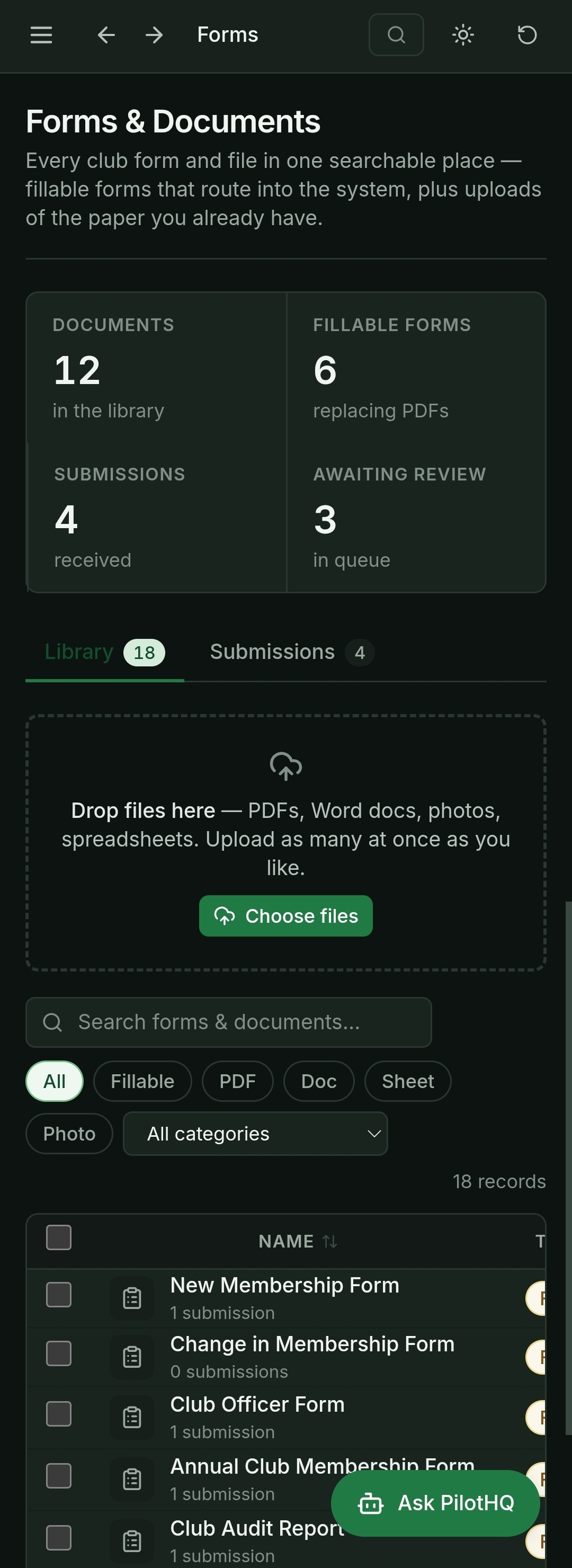 Avia Forms and Documents screen with counts for documents, fillable forms, submissions, and awaiting review, a drag-and-drop upload area, and a searchable library listing membership and officer forms