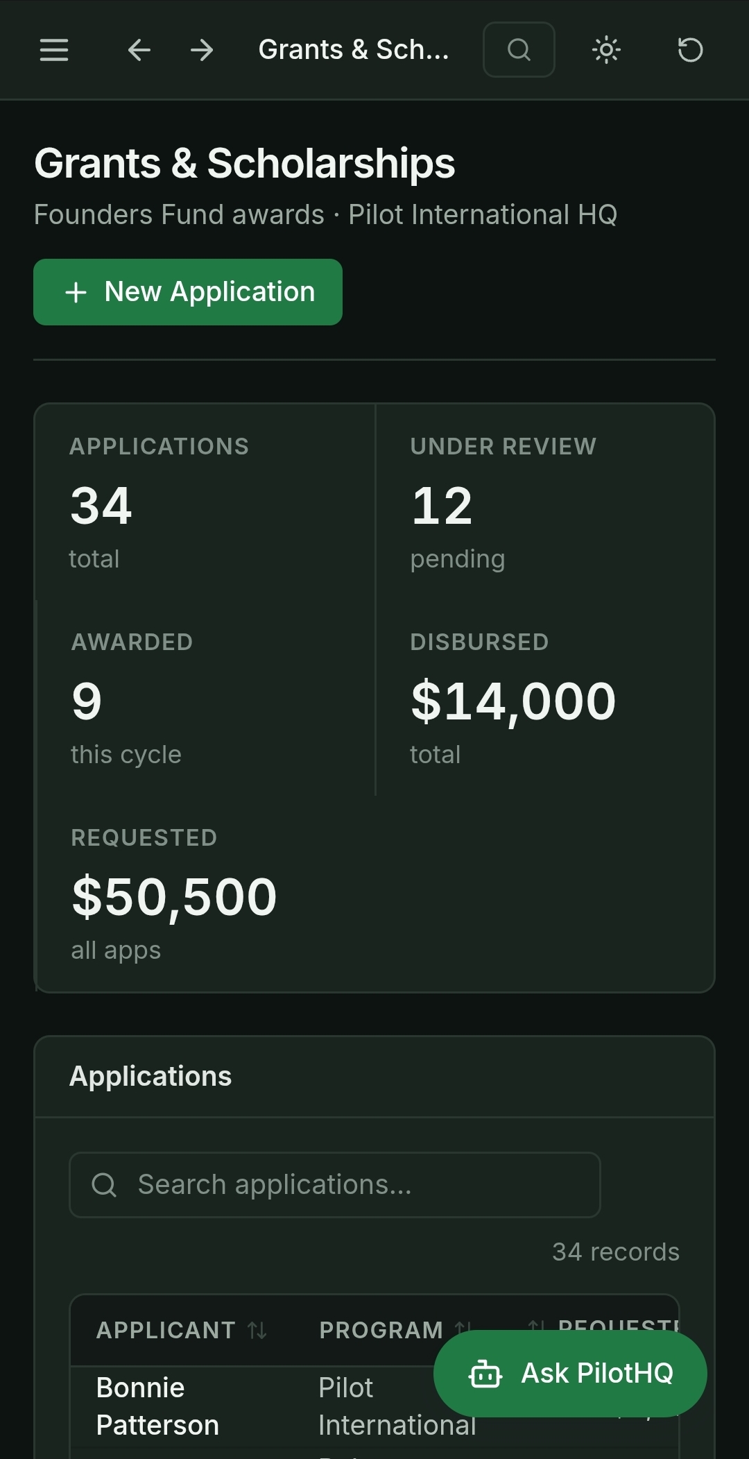 Avia Grants and Scholarships screen showing totals for applications, under review, awarded, disbursed, and requested, with a searchable list of applications by applicant and program