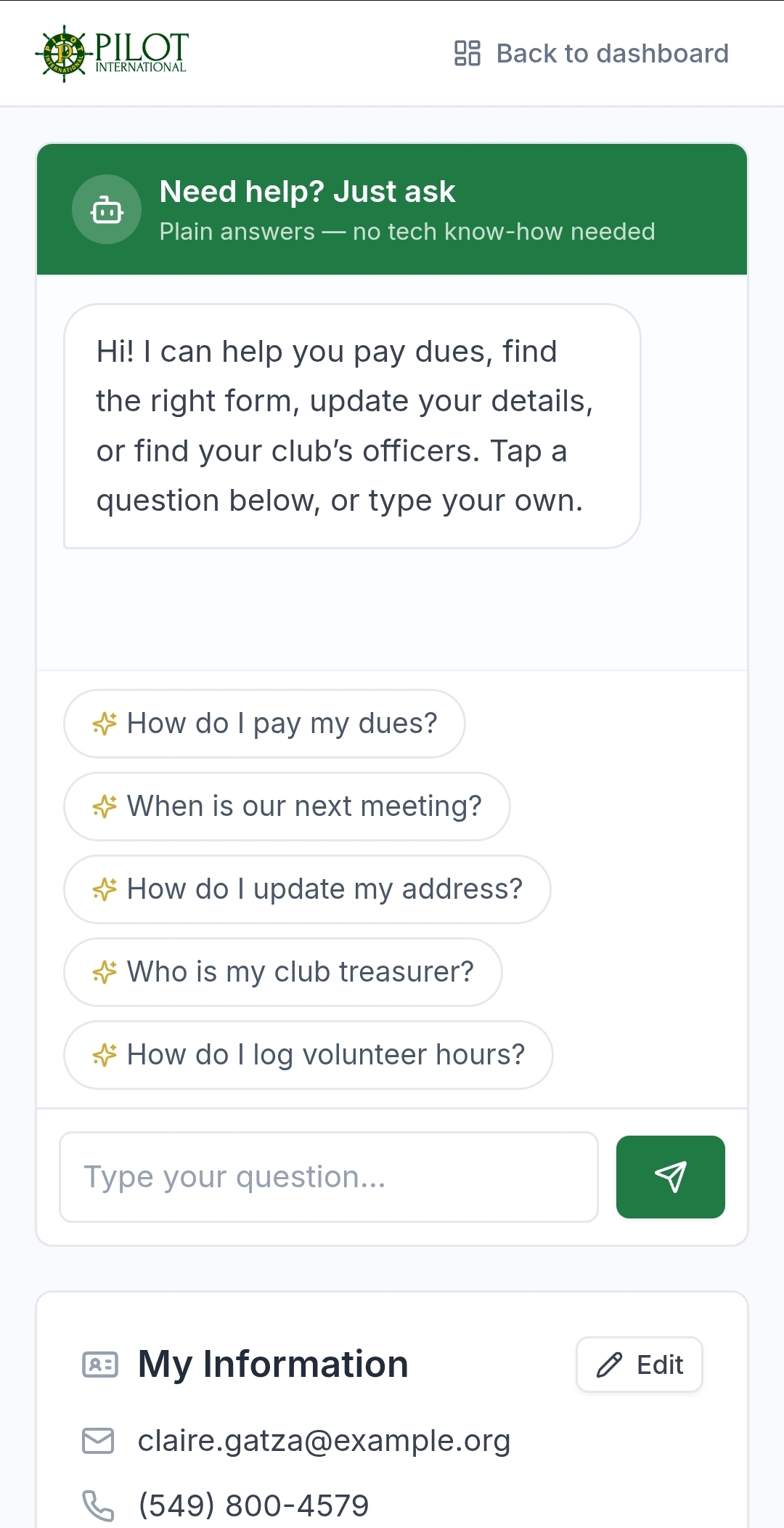 Avia's built-in guide offering plain-language help with suggested questions like how do I pay my dues, when is our next meeting, and how do I log volunteer hours