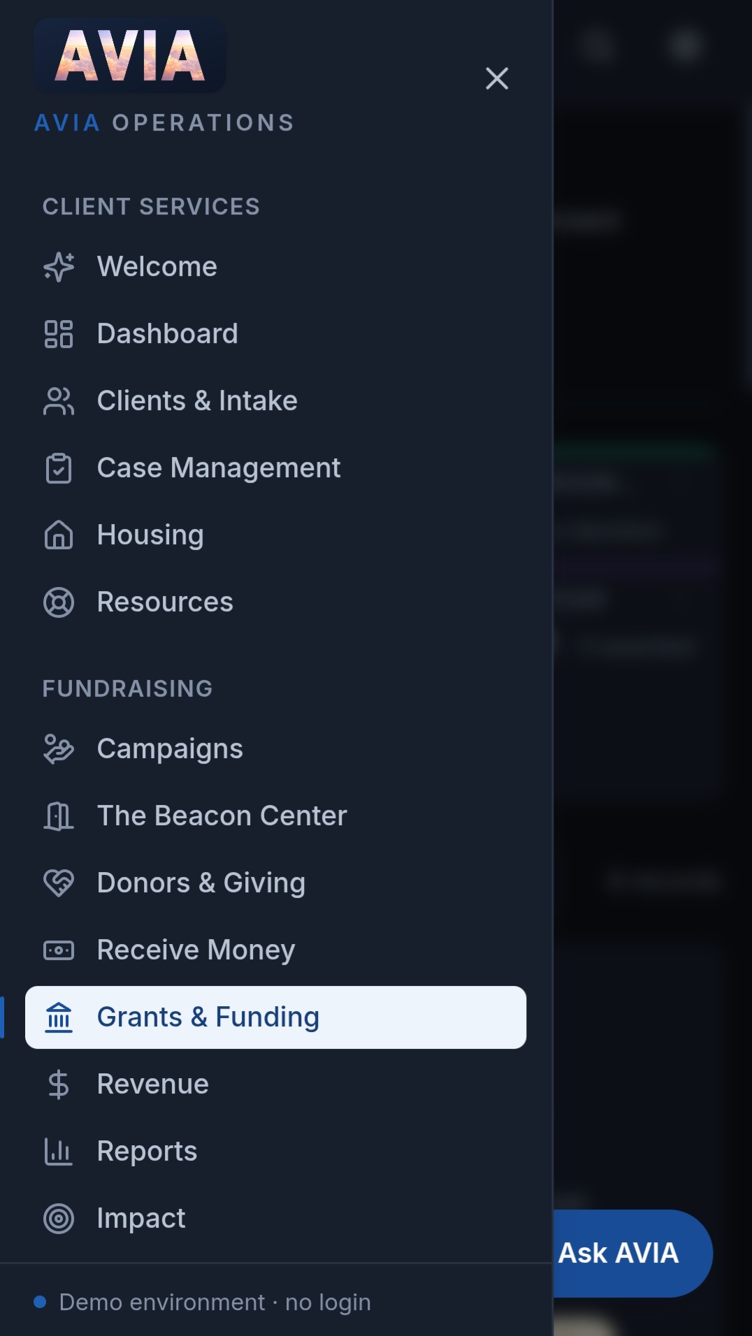 The Avia module navigation for a services nonprofit, grouped into client services, fundraising, operations, and organization