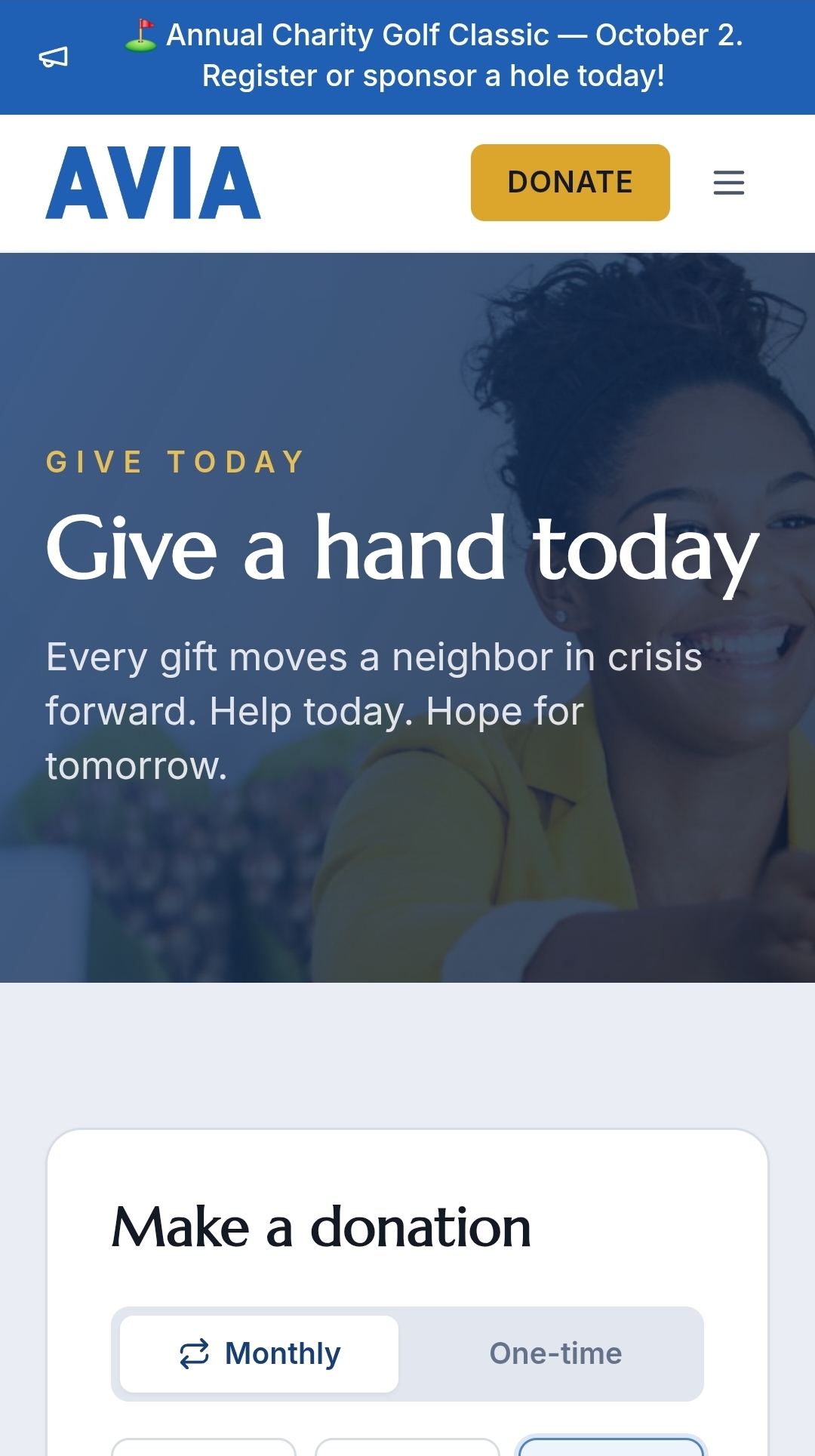 A public ways-to-give page with a donation card offering monthly or one-time giving and preset amounts