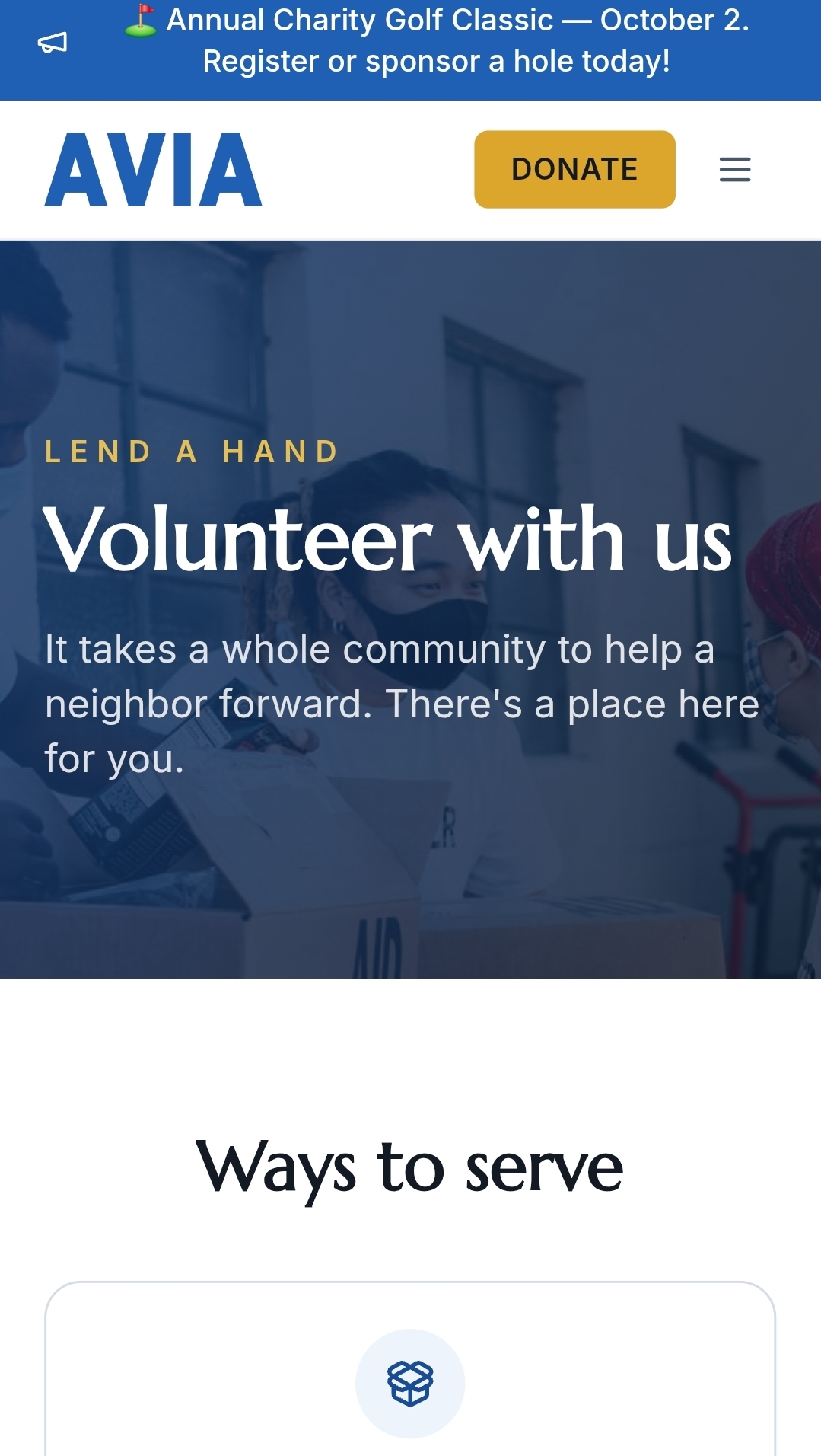 A public volunteer page inviting the community to serve, with a ways-to-serve list of volunteer opportunities
