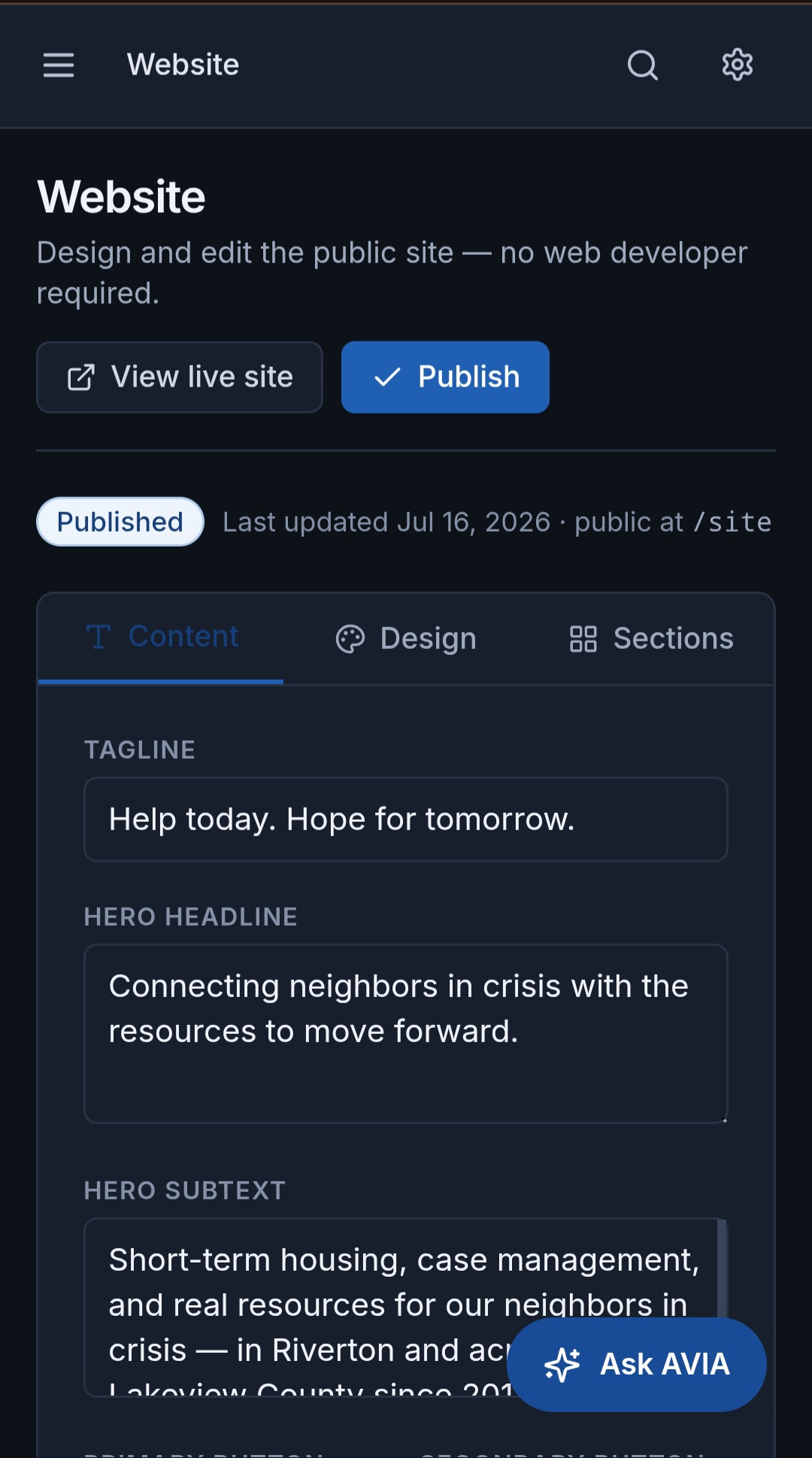 The Avia website editor showing publish status and last updated date, with editable fields for the public site tagline, hero headline, and hero subtext, and buttons to view the live site or publish