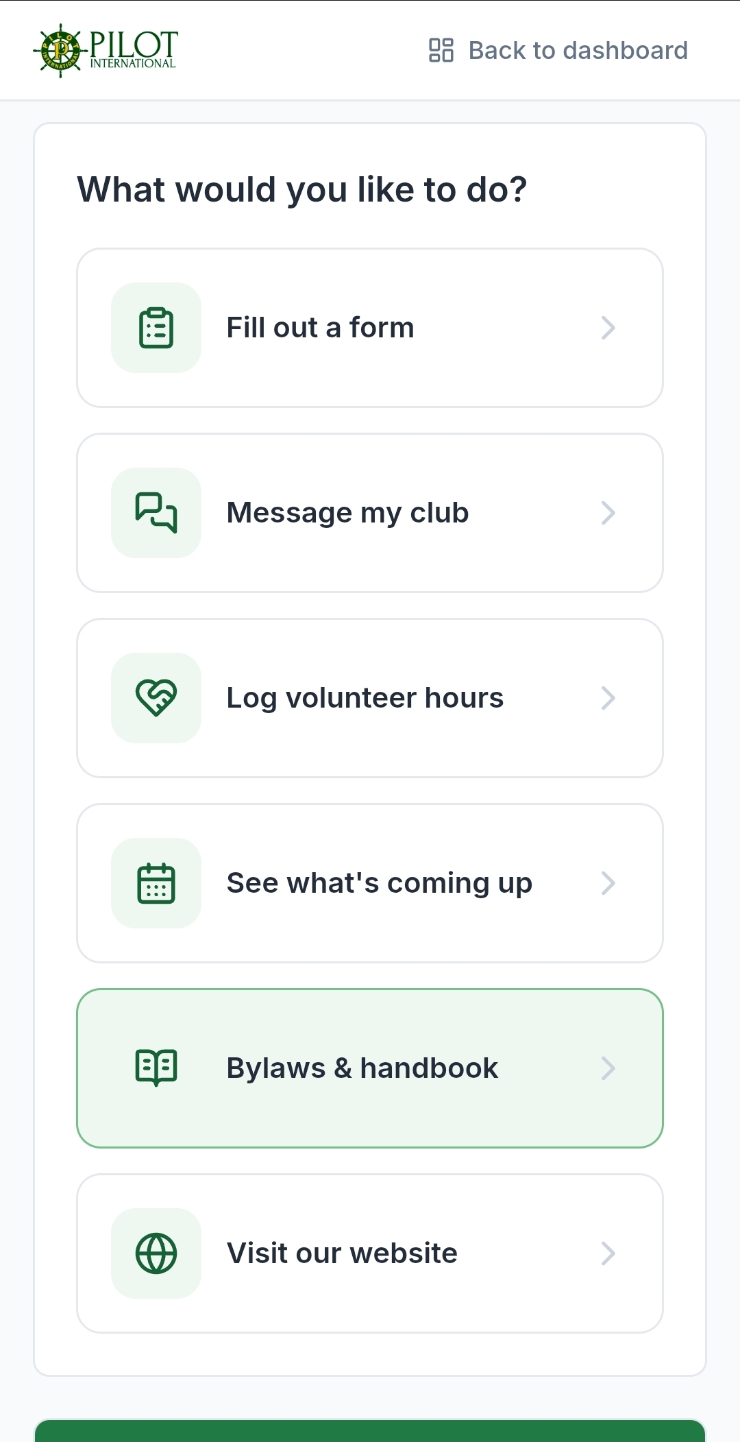 Avia member portal action menu with large friendly buttons: fill out a form, message my club, log volunteer hours, see what's coming up, bylaws and handbook, and visit our website