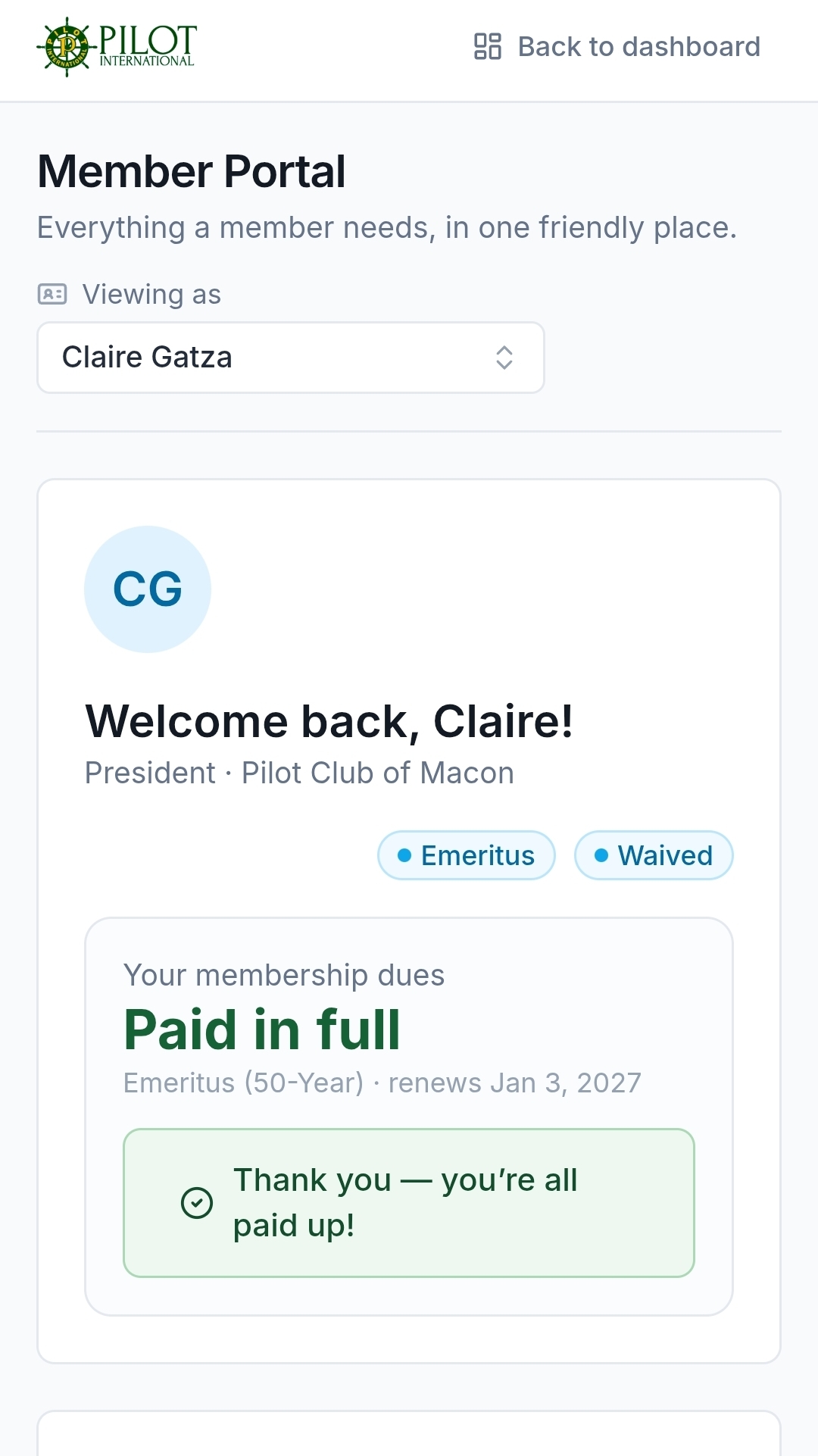 Avia member portal home greeting a member by name, showing their role and club, membership status, and dues marked paid in full with the next renewal date