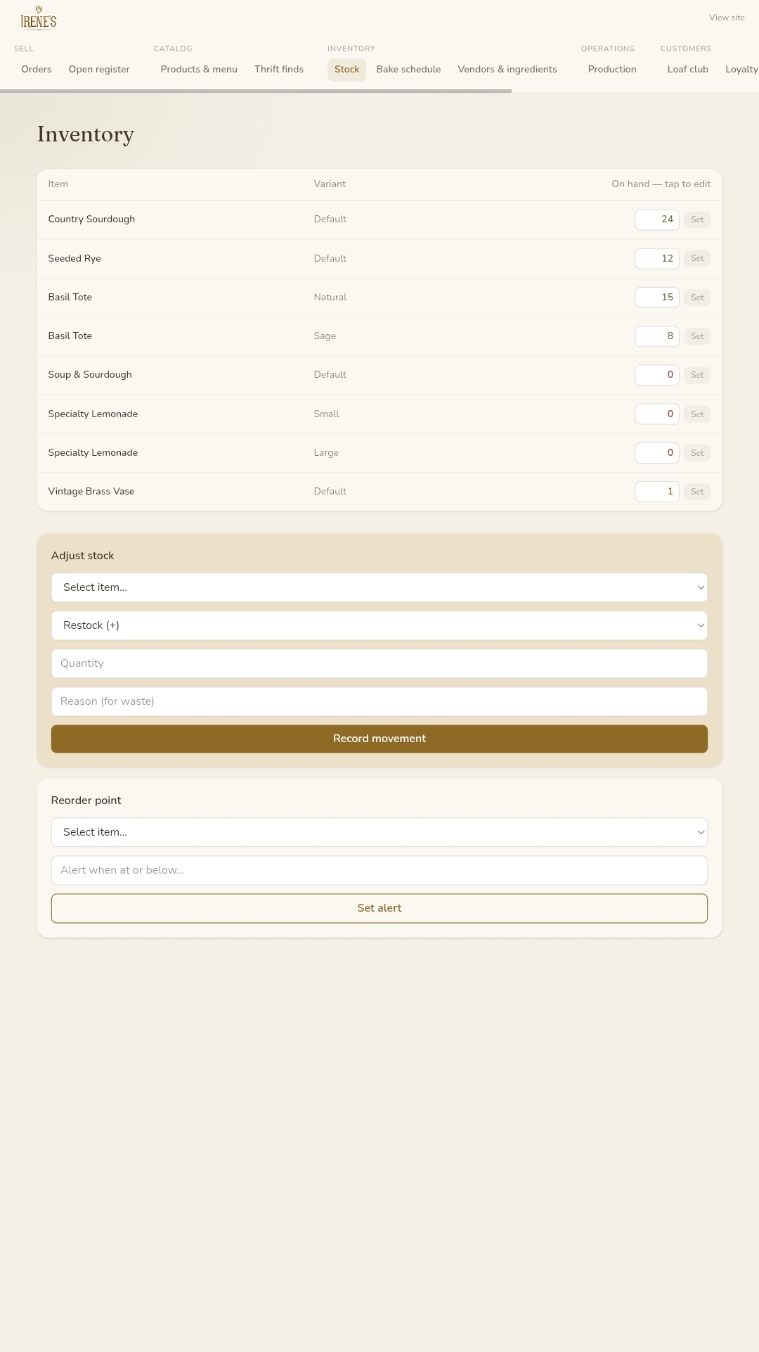 BASIL inventory screen listing items and variants with on-hand counts, a restock and waste movement form, and reorder-point alerts
