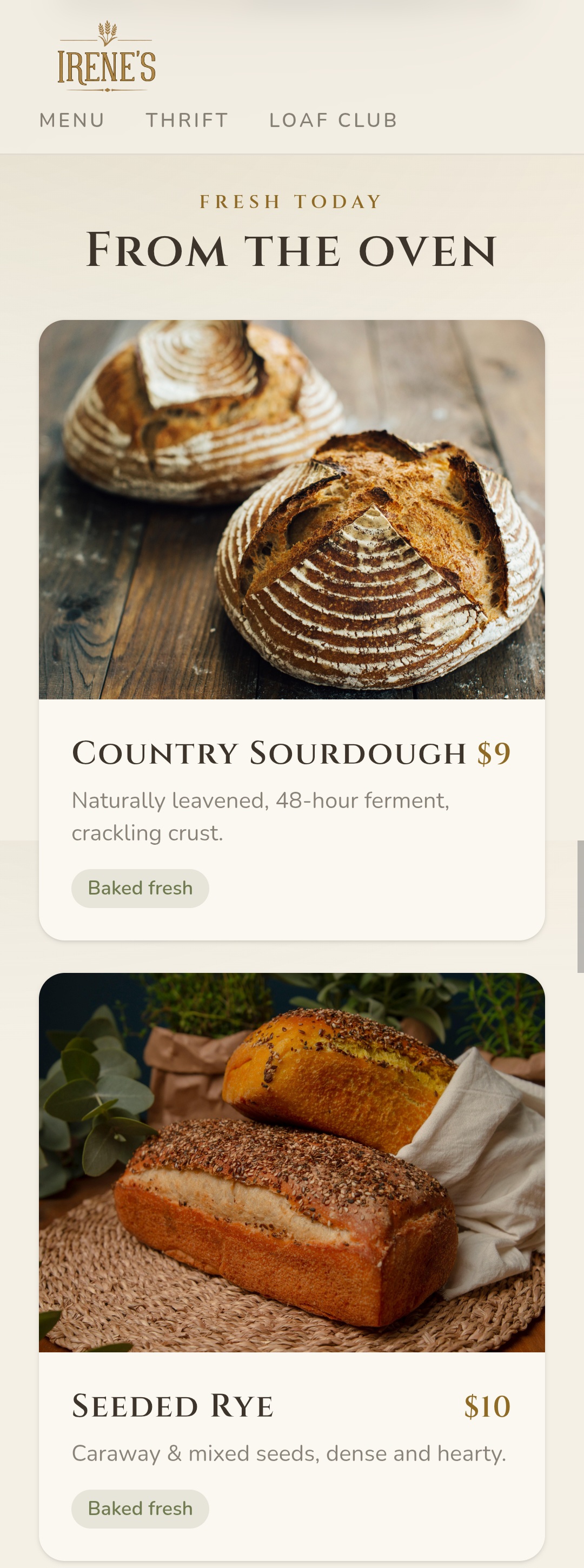 BASIL public menu showing Country Sourdough and Seeded Rye with photos, prices, descriptions, and a baked-fresh tag