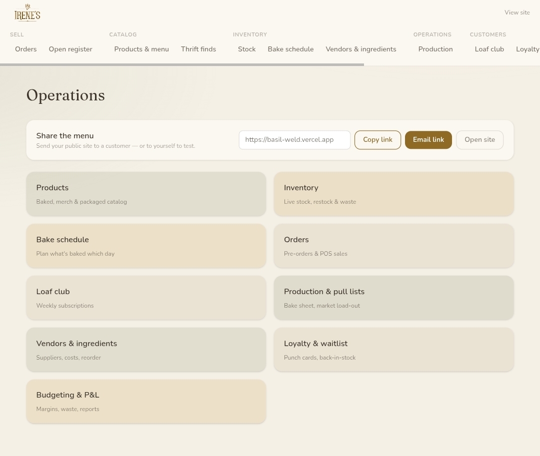 BASIL operations hub with cards for products, inventory, bake schedule, orders, Loaf club, production and pull lists, vendors, loyalty, and budgeting