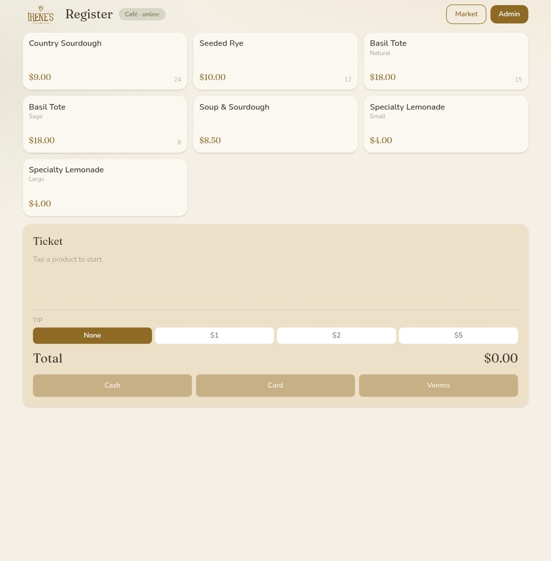 BASIL point-of-sale register with tap-to-ring product tiles, live stock counts, a ticket, tip options, and cash, card, or Venmo payment