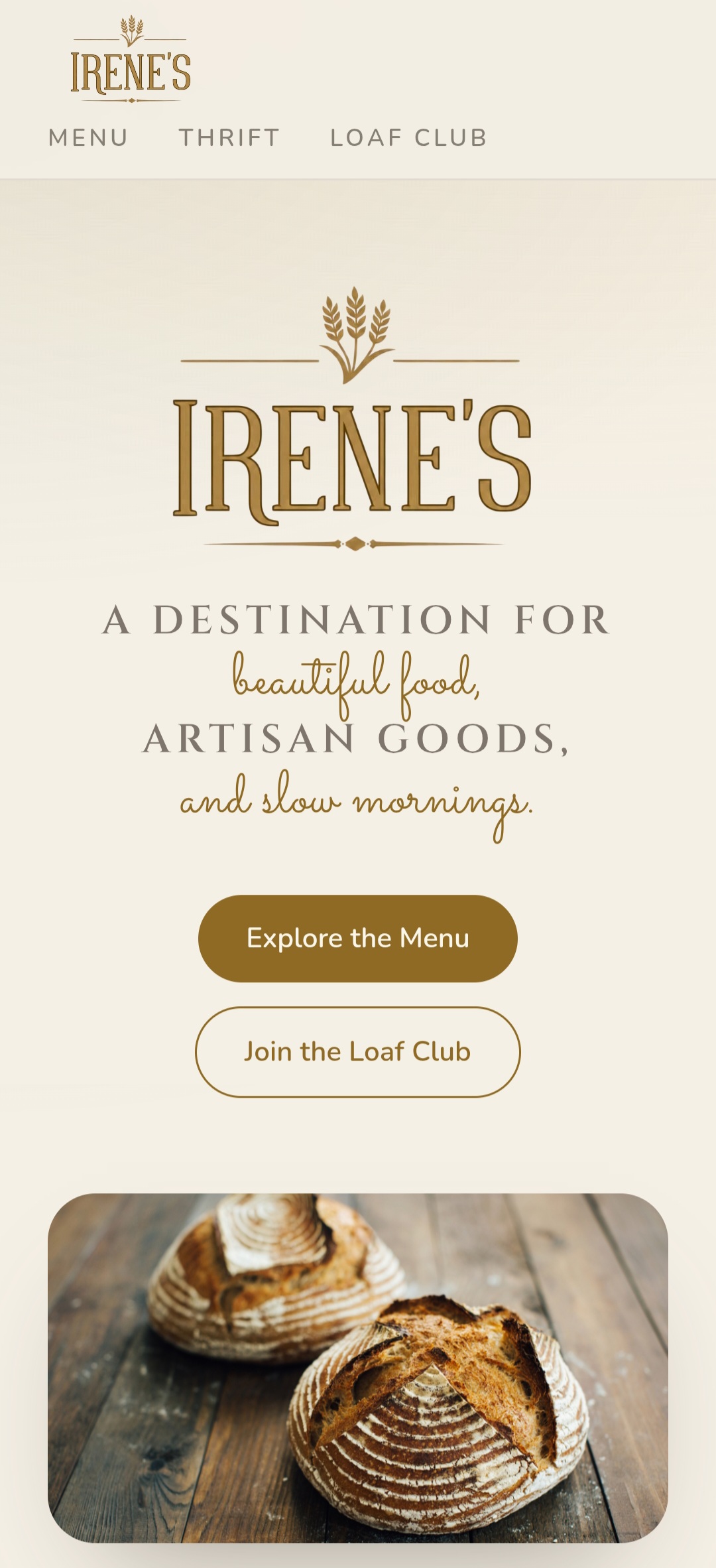 BASIL branded customer storefront home for a bakery, with a hero logo, tagline, Explore the Menu and Join the Loaf Club calls to action, and a photo of fresh sourdough