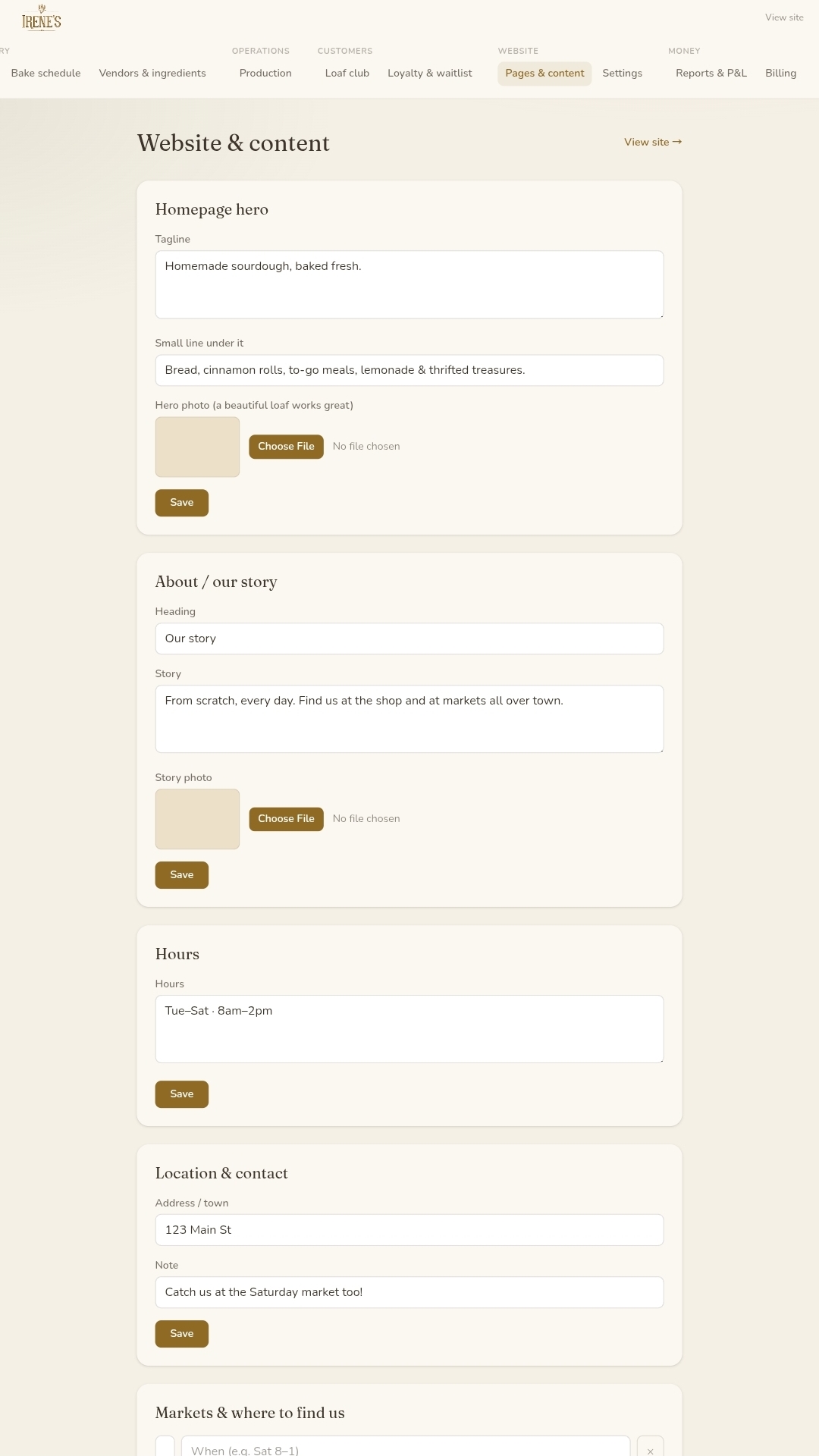 BASIL website and content editor for changing the homepage tagline, story, hours, location, and photos without any code