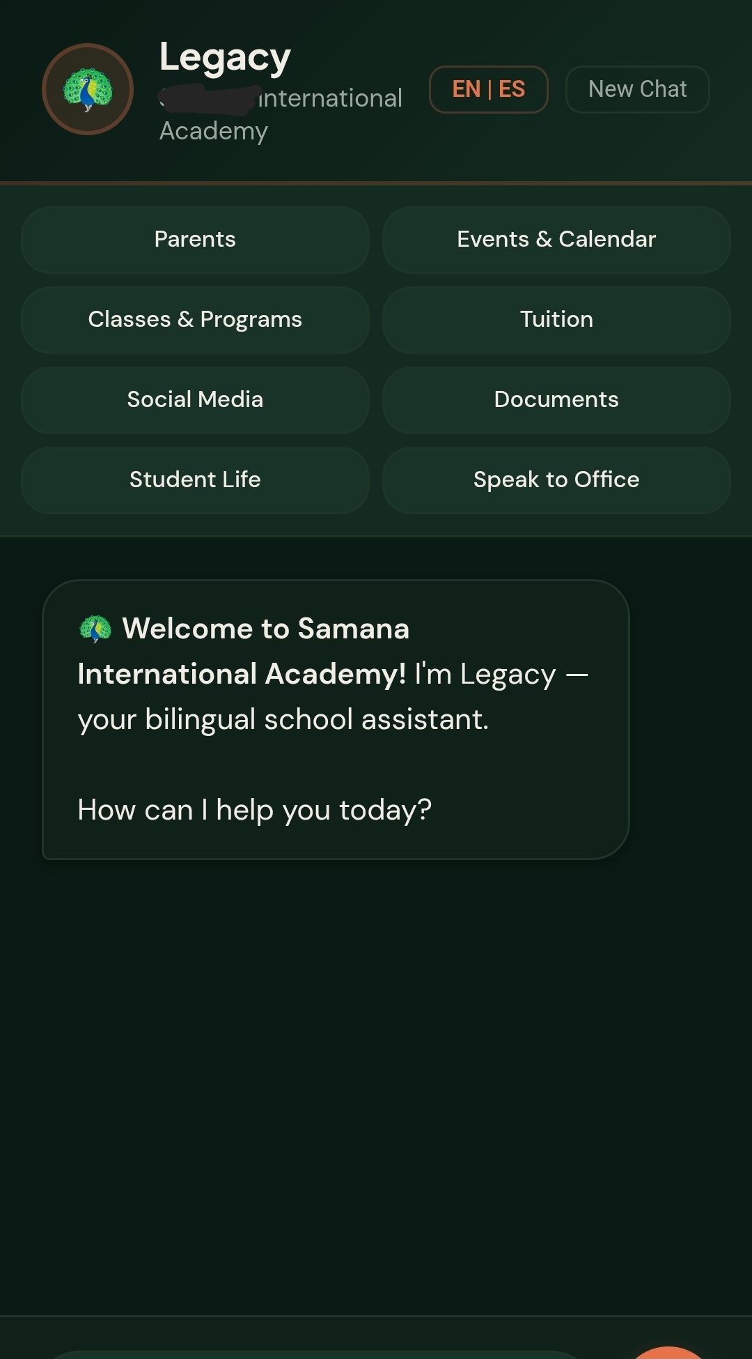 Legacy bilingual parent chatbot for Samana International Academy with English and Spanish toggle