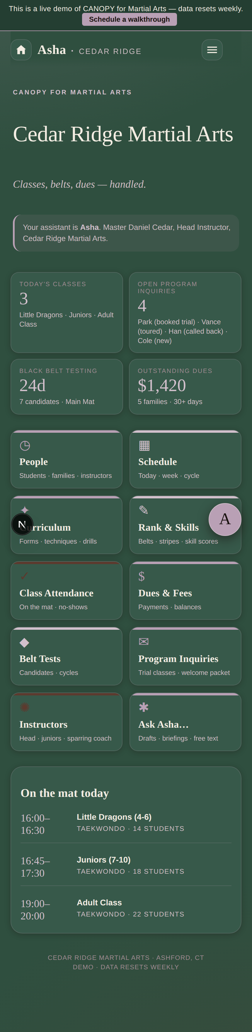 CANOPY dashboard for a martial arts school, showing today's classes, belt testing countdown, open inquiries, outstanding dues, and quick actions for rank and skills, attendance, and dues