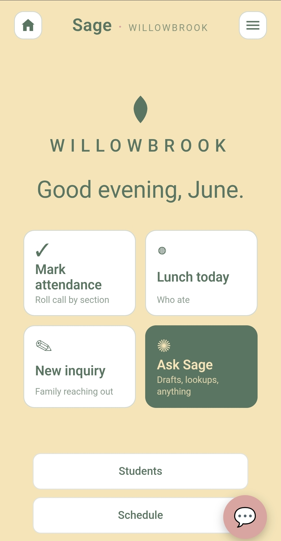 CANOPY home screen with a time-aware greeting and four quick actions: mark attendance, lunch today, new inquiry, and ask the assistant