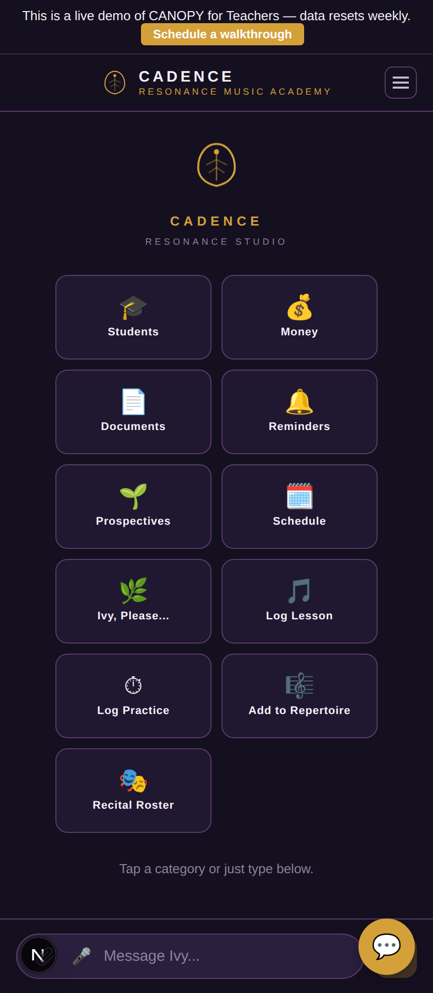 CANOPY module grid for a music school, with tiles for students, money, documents, reminders, prospectives, scheduling, lesson and practice logging, repertoire, and the recital roster