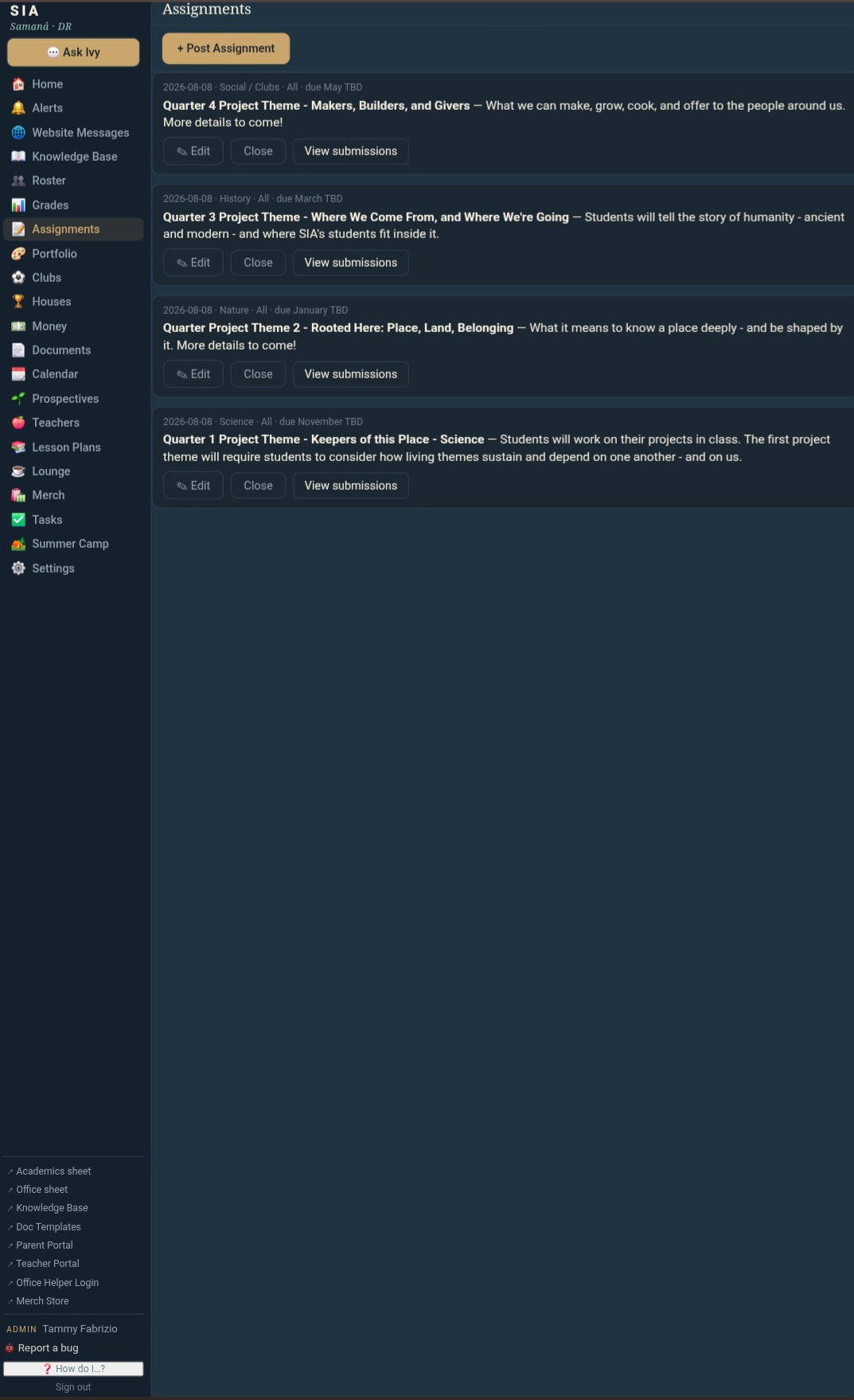 Canopy student assignments screen