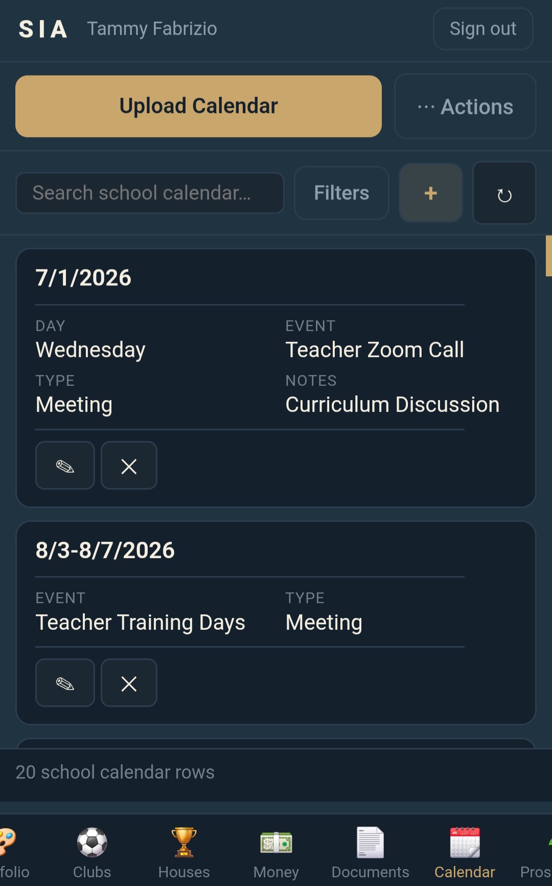 School calendar module for Samana International Academy, with teacher Zoom calls and training days