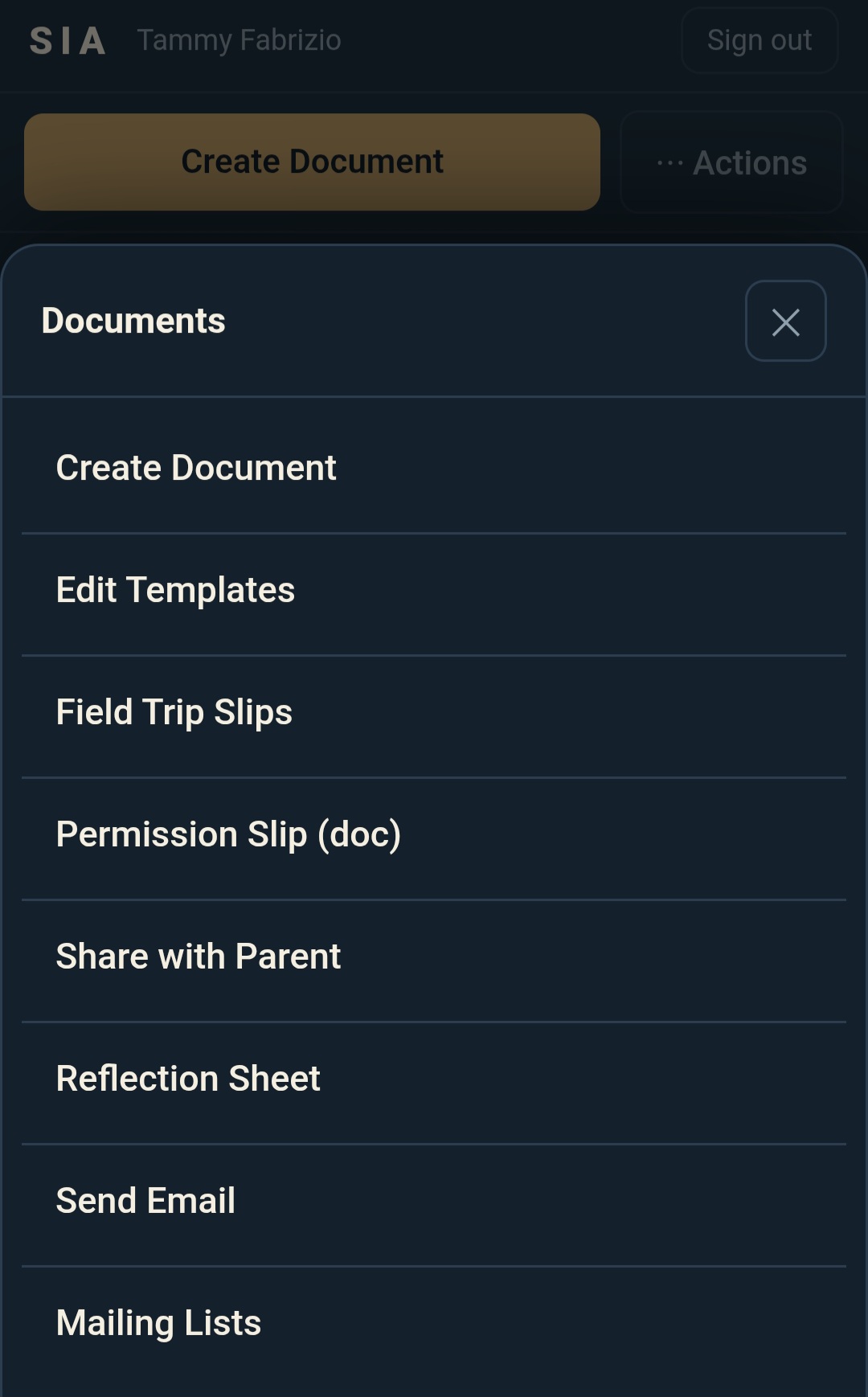 Documents templates for Samana International Academy: create document, edit templates, field trip slips, permission slip, share with parent, reflection sheet, send email, mailing lists