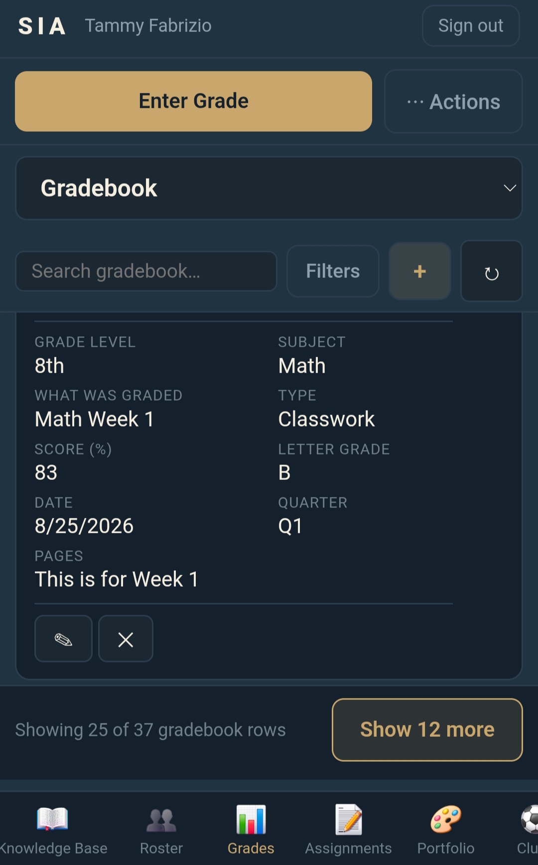 Gradebook entry for Samana International Academy, showing an 8th grade Math classwork entry with score, letter grade, and quarter