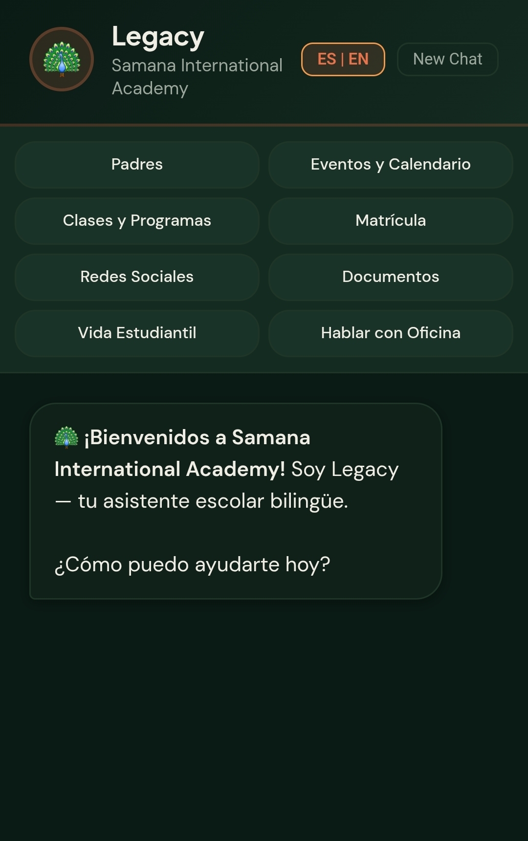 Legacy asistente bilingue de bienvenida para Samana International Academy en espanol, con los mismos temas en espanol