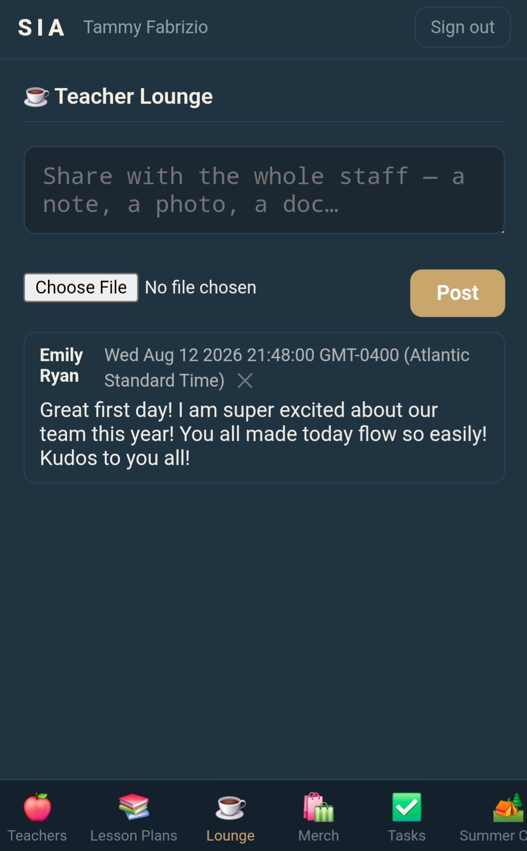 Teacher lounge, a shared post board for the whole staff, with a first-day post and a compose box