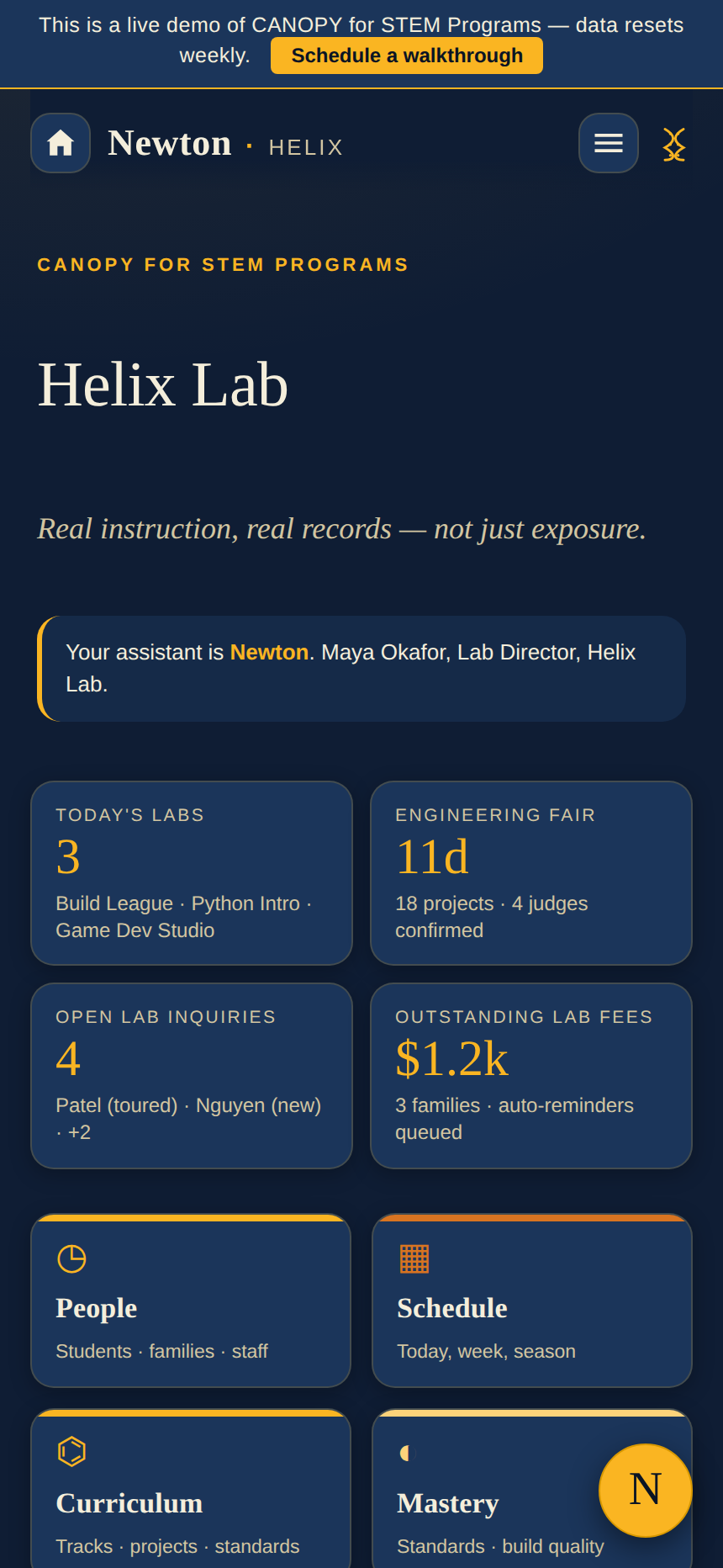 CANOPY dashboard for a STEM program, showing today's labs, an engineering fair countdown, open lab inquiries, outstanding lab fees, and quick actions for people, schedule, curriculum, and mastery
