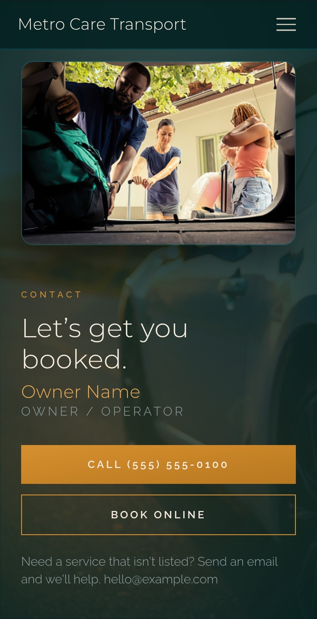 Carriage contact and booking section with a call button and book online option
