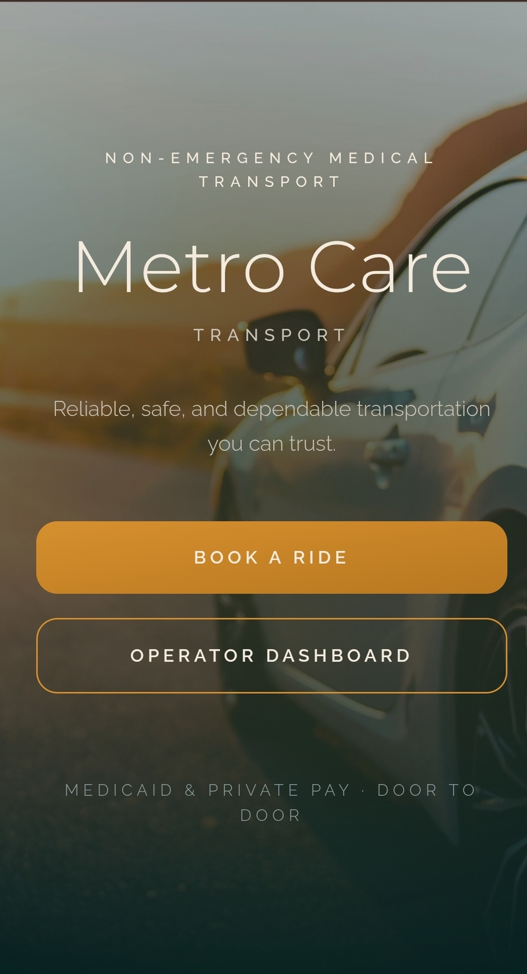 Carriage home screen with two doors: book a ride, or open the operator dashboard