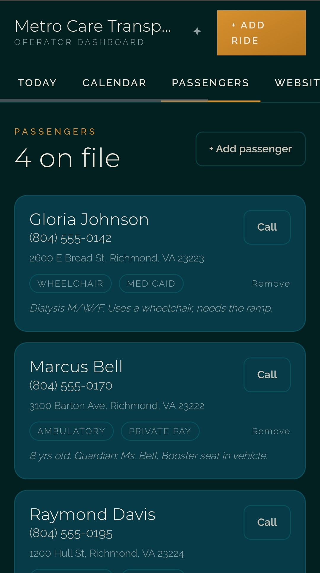 Carriage passenger list showing mobility needs, payer, and ride notes