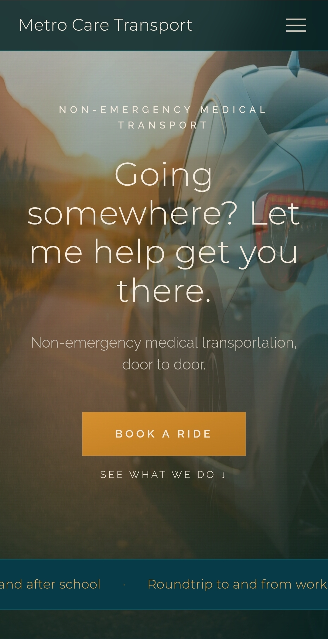 Carriage public booking site hero with a friendly headline and a book a ride button