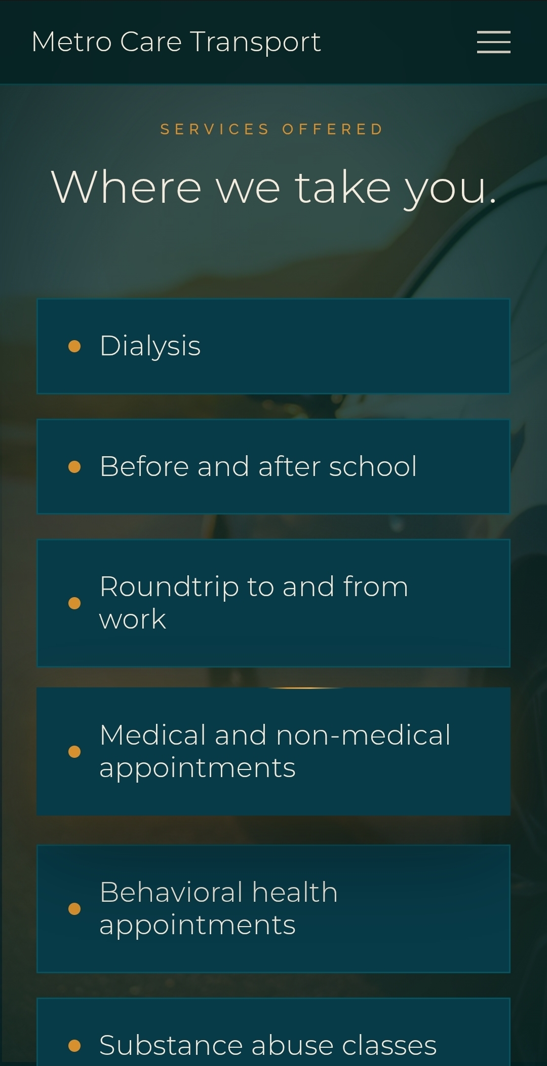 Carriage services list: dialysis, school, work, appointments, behavioral health