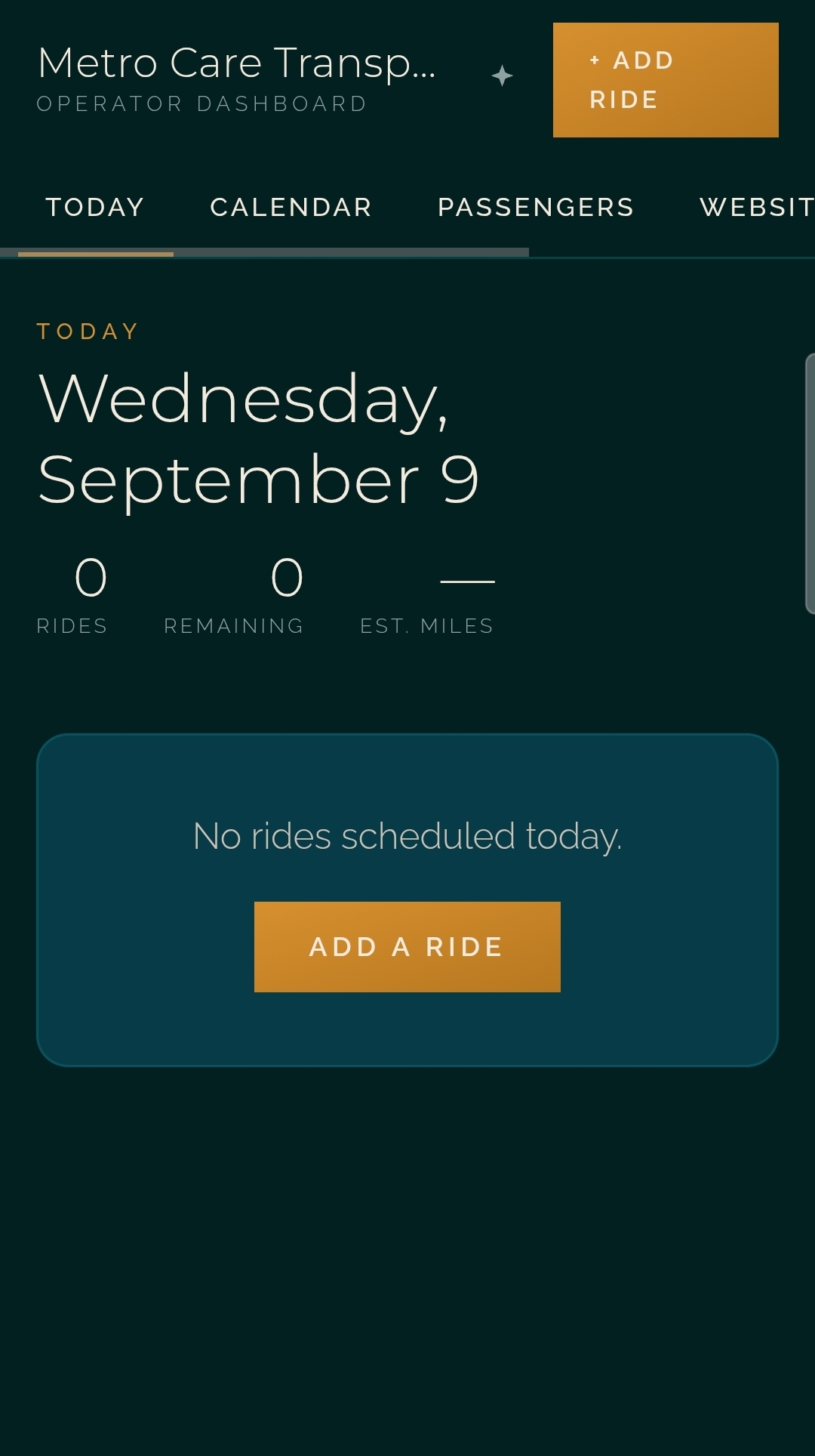 Carriage operator dashboard showing today's date, ride count, and remaining stops