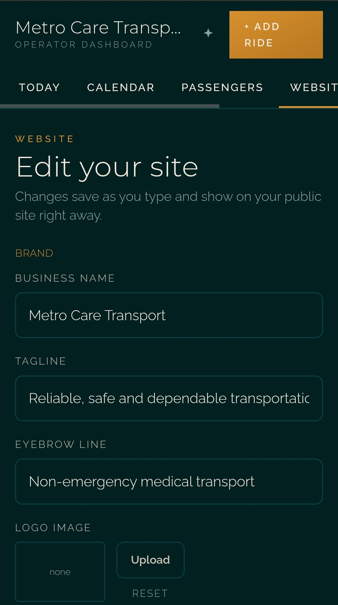 Carriage website editor with brand fields for business name, tagline, and logo