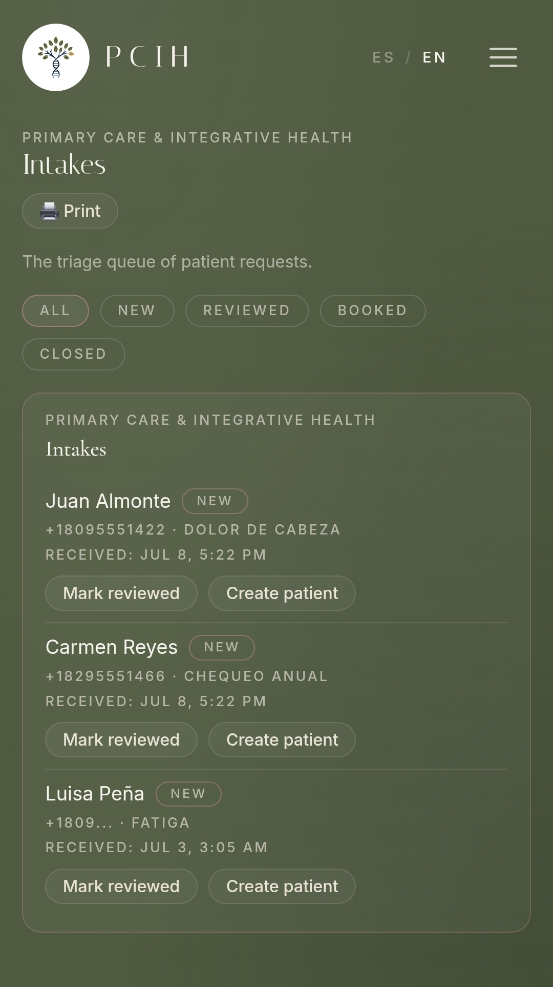 CIRA intake triage queue showing new patient requests with reason and time received, and buttons to mark reviewed or create a patient