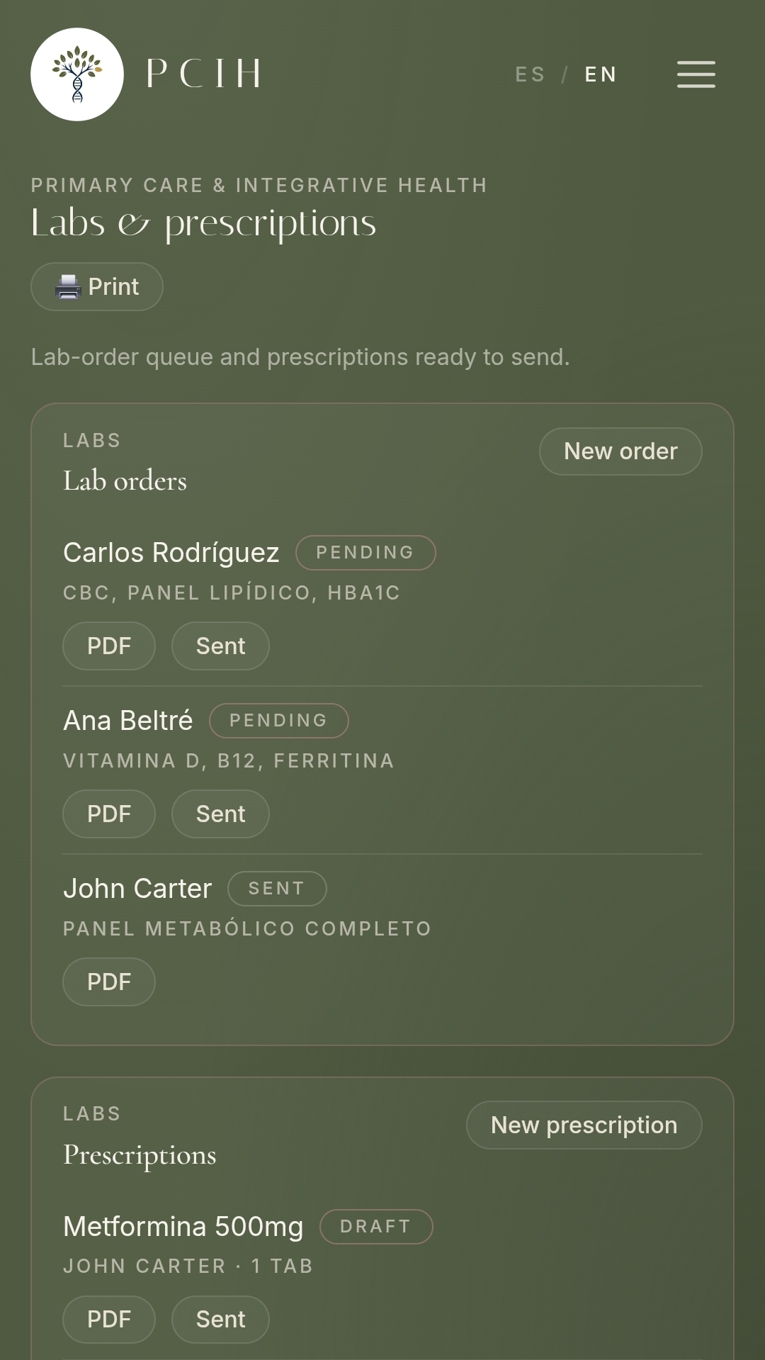 CIRA labs and prescriptions view showing a lab-order queue with pending and sent orders and a prescriptions list ready to send as PDFs