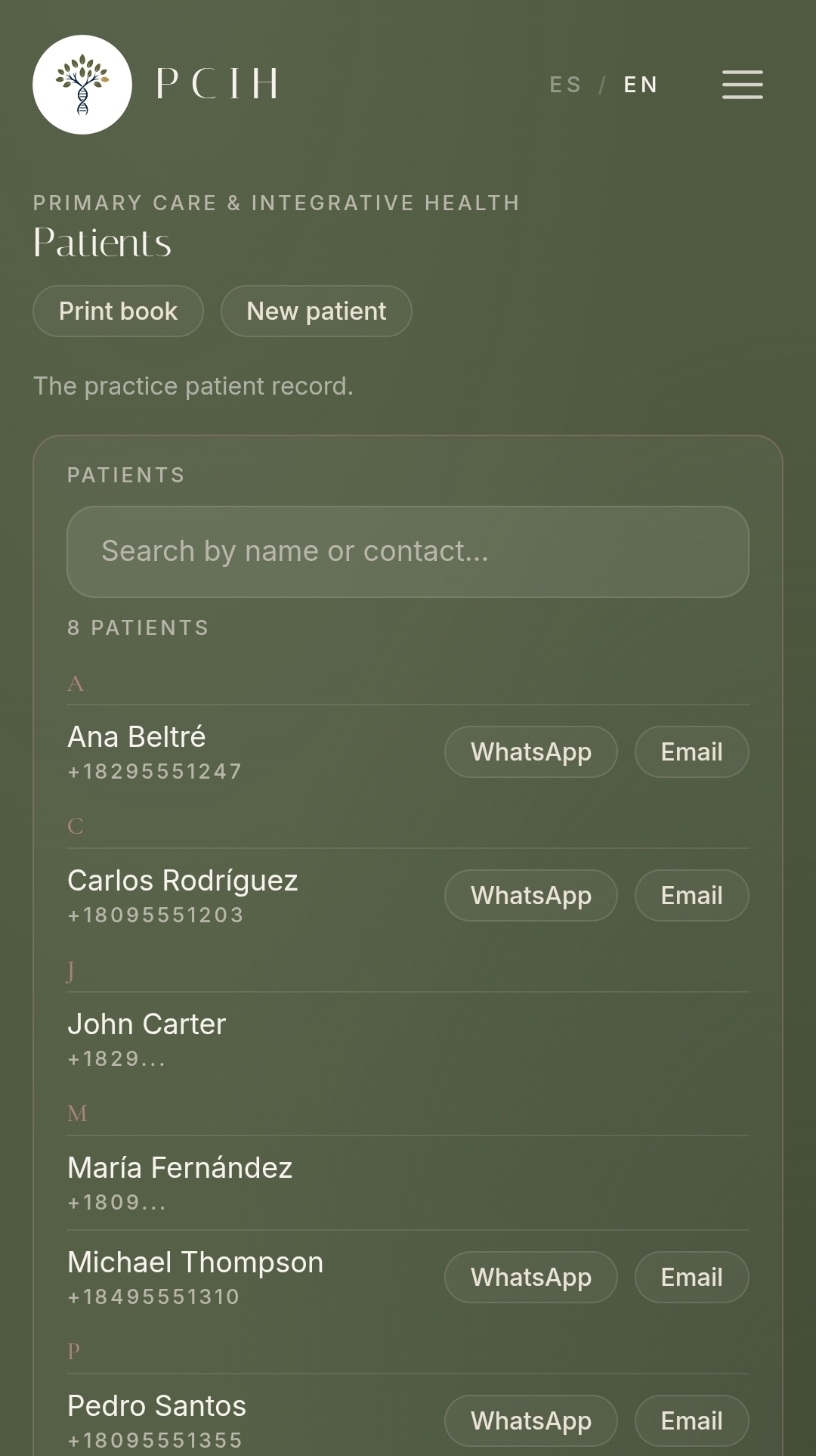 CIRA patients list showing the practice patient record with search and one-tap WhatsApp and email for each person