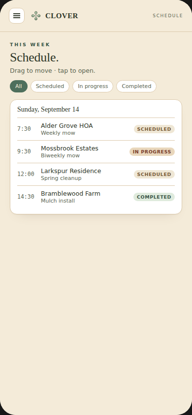 Clover mobile schedule showing the day's route with crew, service, and status