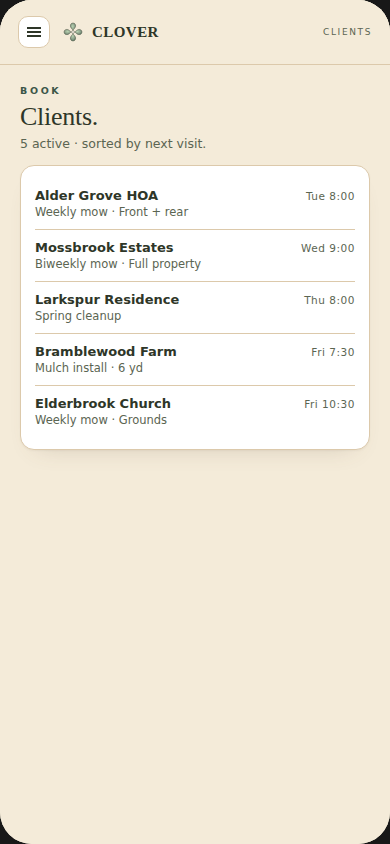 Clover mobile client list sorted by next visit with service and cadence