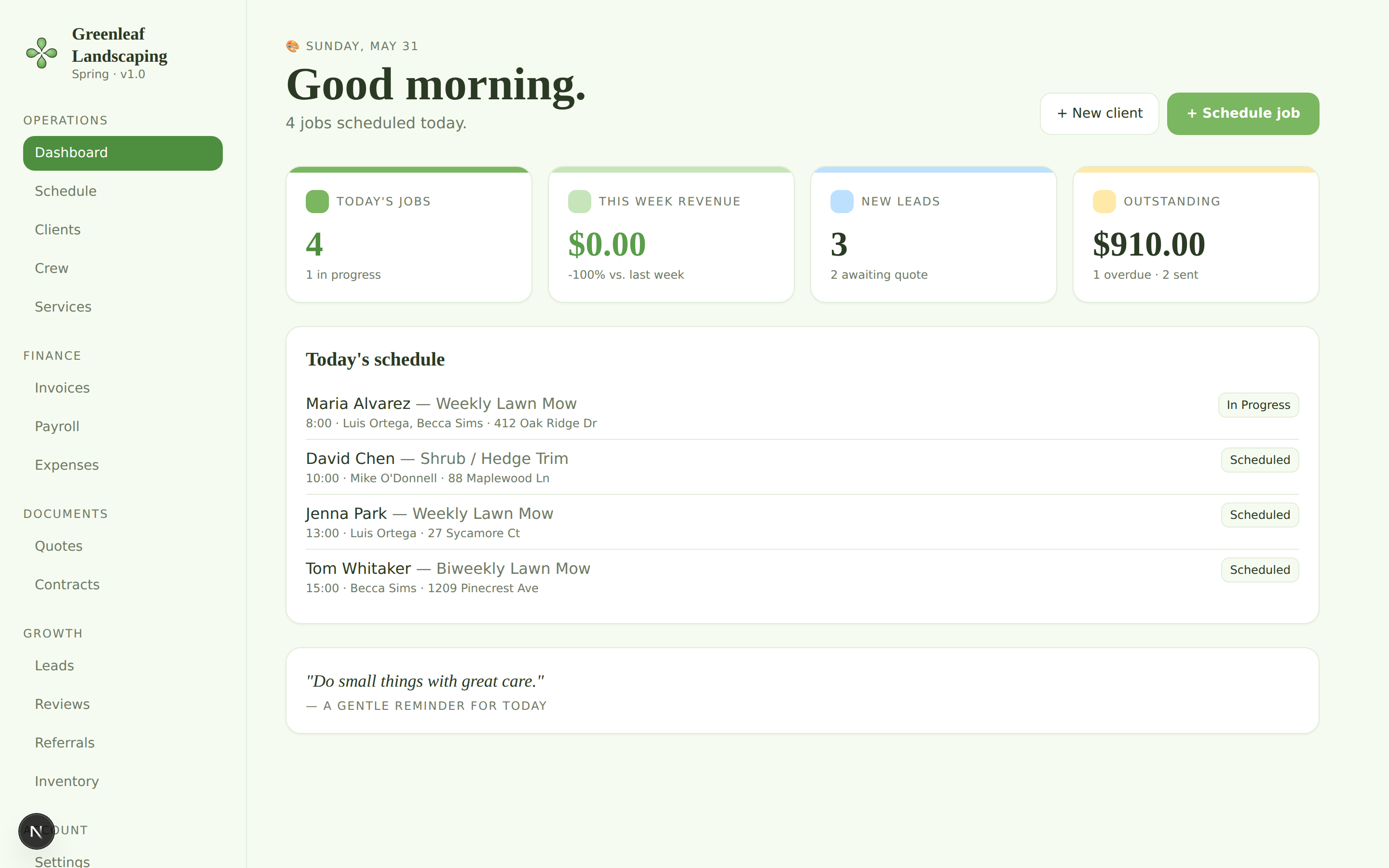 Clover dashboard for Greenleaf Landscaping showing today's jobs, weekly revenue, new leads, outstanding receivables, and today's schedule
