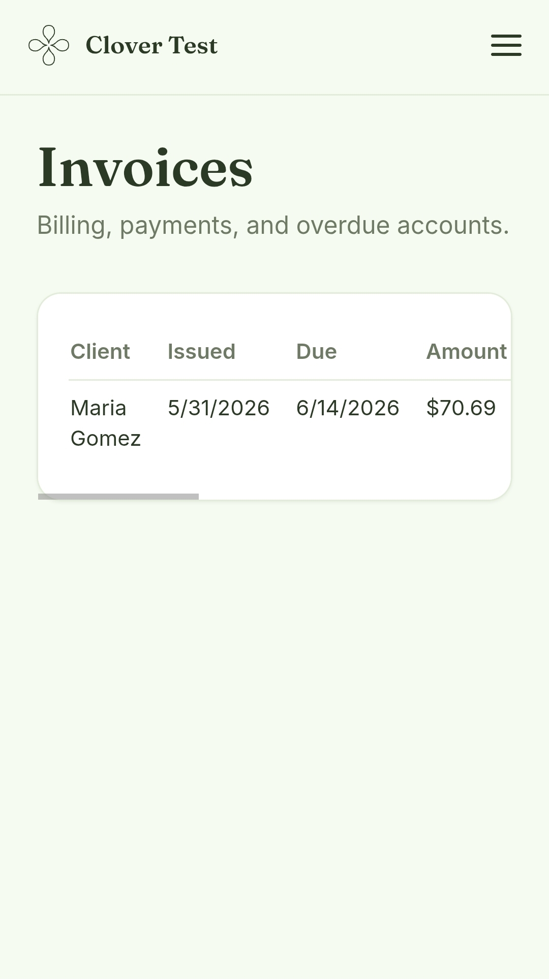 Clover mobile invoices screen listing billing with client, issue date, due date, and amount