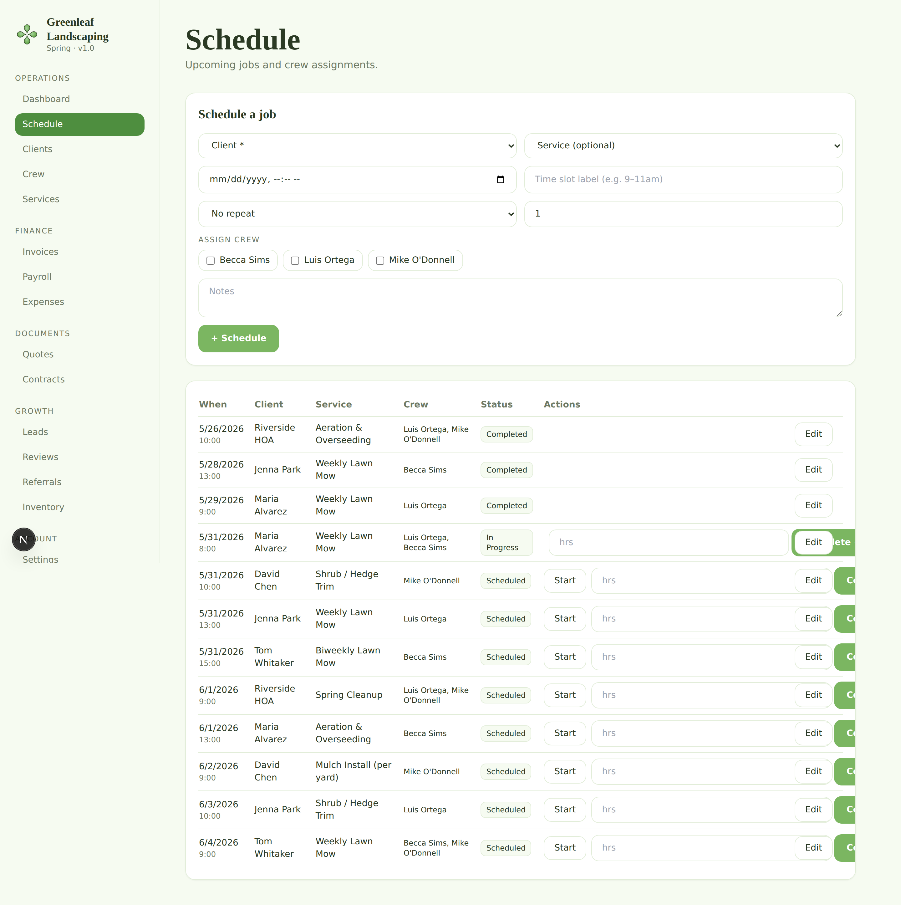 Clover schedule view for Greenleaf Landscaping showing upcoming jobs, crew assignments, services like aeration and overseeding, weekly lawn mow, spring cleanup, and status badges
