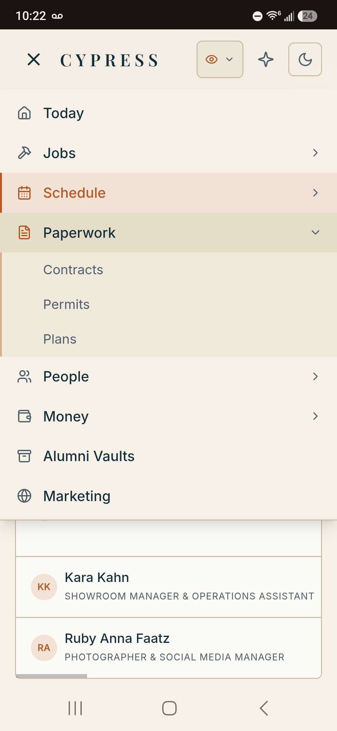 Cypress navigation menu with Today, Jobs, Schedule, Paperwork (Contracts, Permits, Plans), People, Money, Alumni Vaults, and Marketing modules