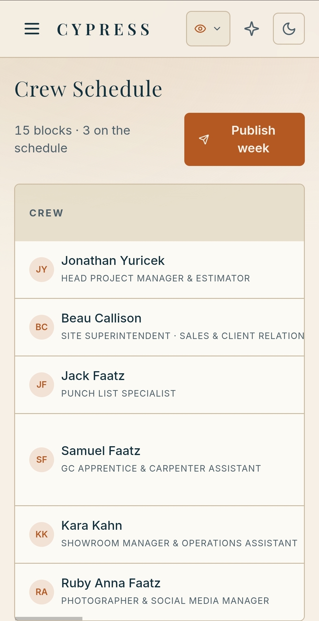 Cypress crew schedule showing 15 blocks with 3 on the schedule and a Publish week button, listing project manager, superintendent, punch list, apprentice, showroom, and photographer roles
