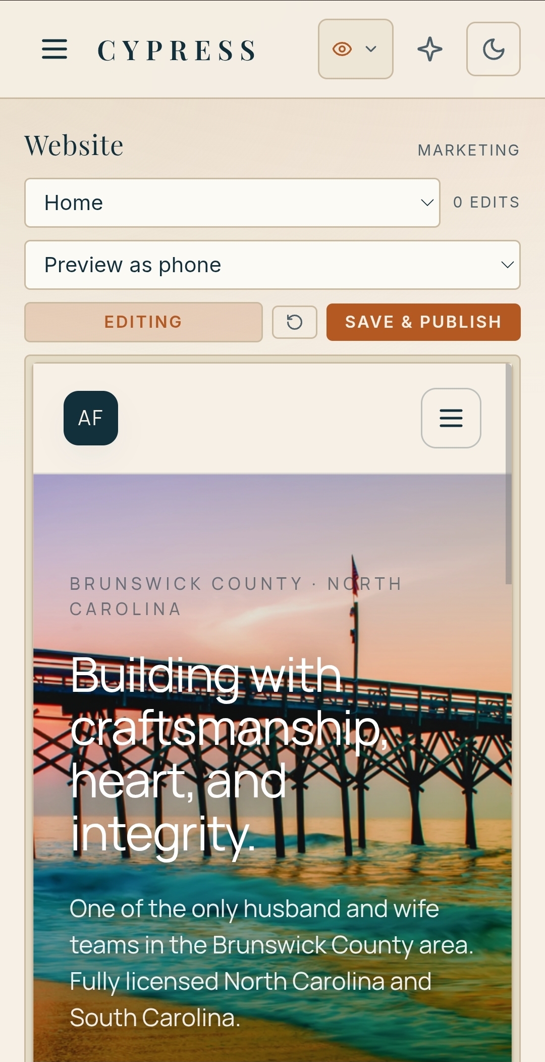 Cypress website editor previewing a Brunswick County North Carolina builder homepage, with an editing toolbar and a Save and Publish button