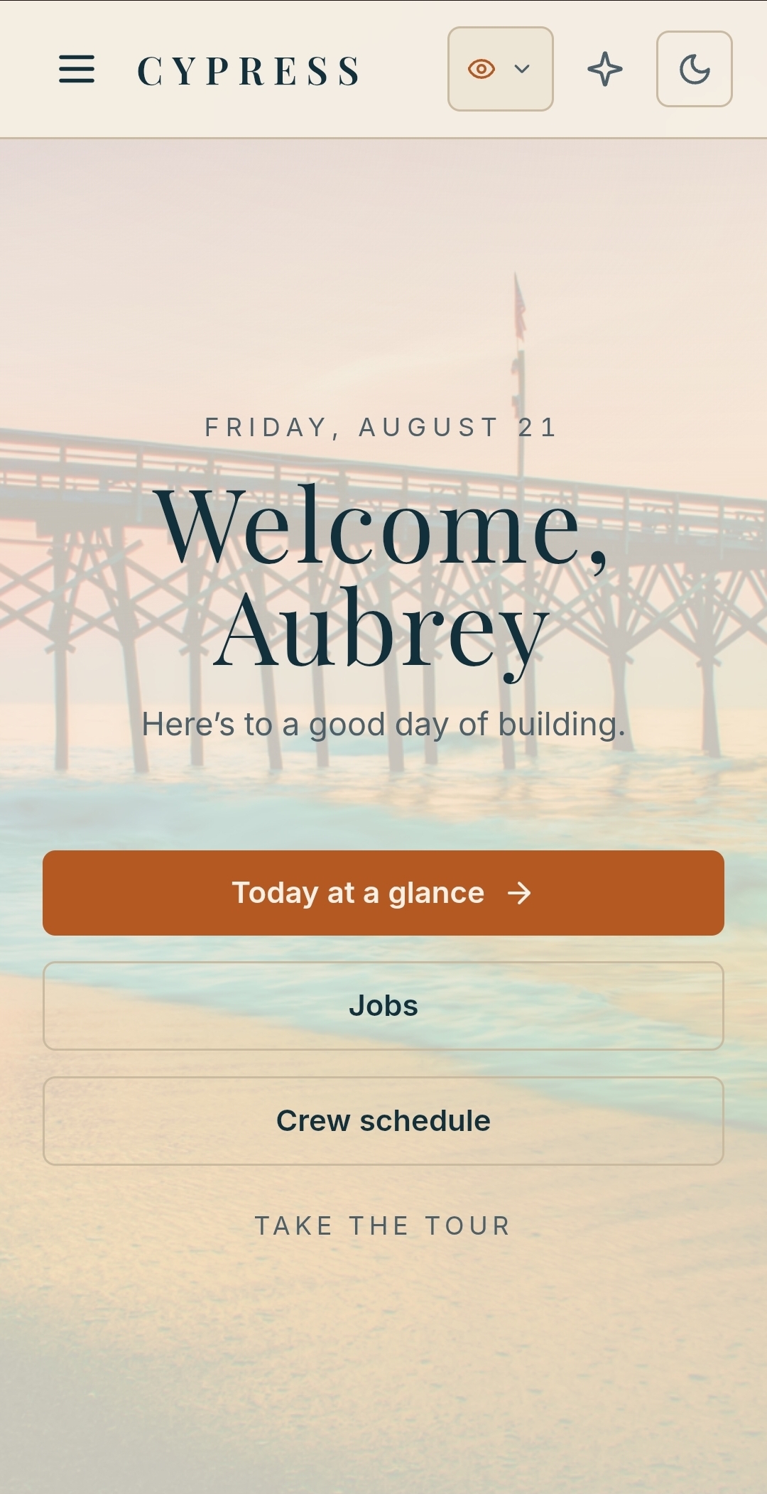 Cypress welcome home greeting Aubrey on Friday, August 21, with a Brunswick County pier photo and Today at a glance, Jobs, and Crew schedule cards