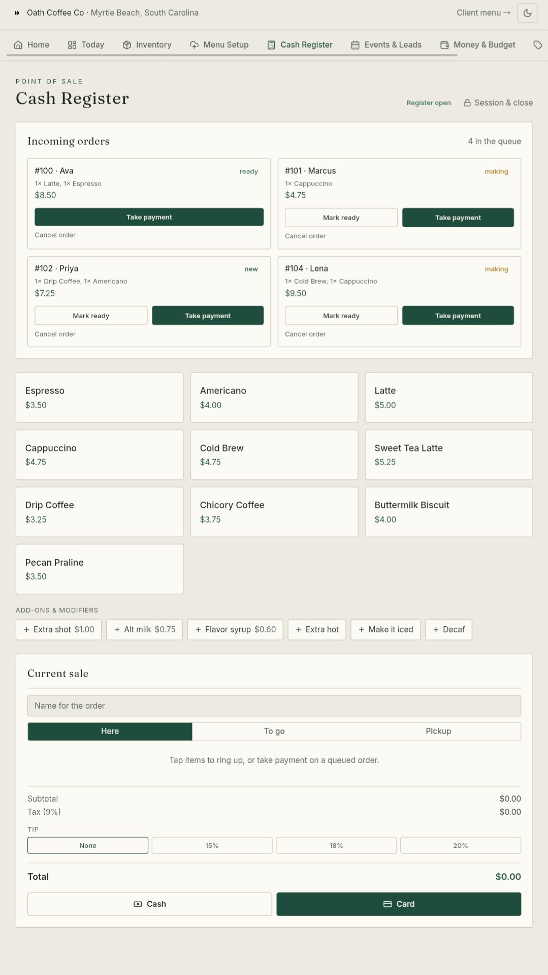 JAVA point-of-sale register with a live incoming-order queue, tap-to-ring menu, tips, and cash or card