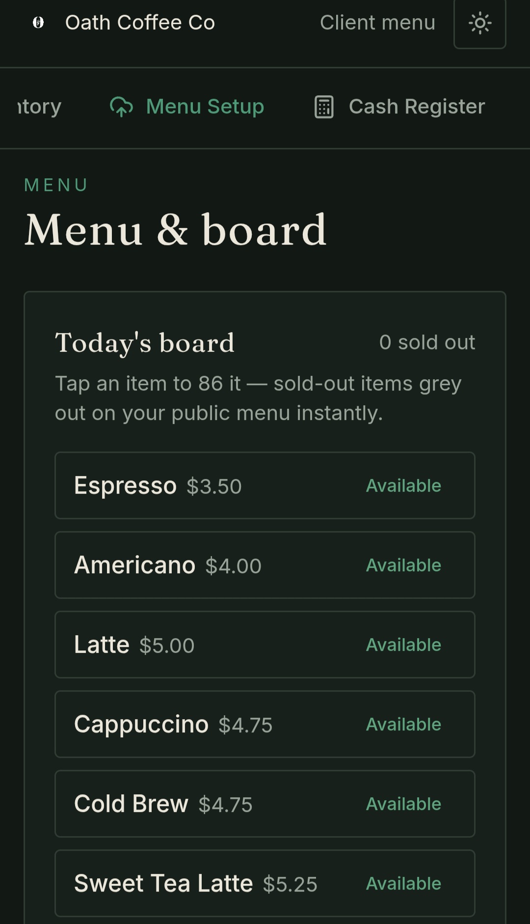 JAVA menu and board screen where tapping an item marks it sold out and greys it out on the public menu instantly