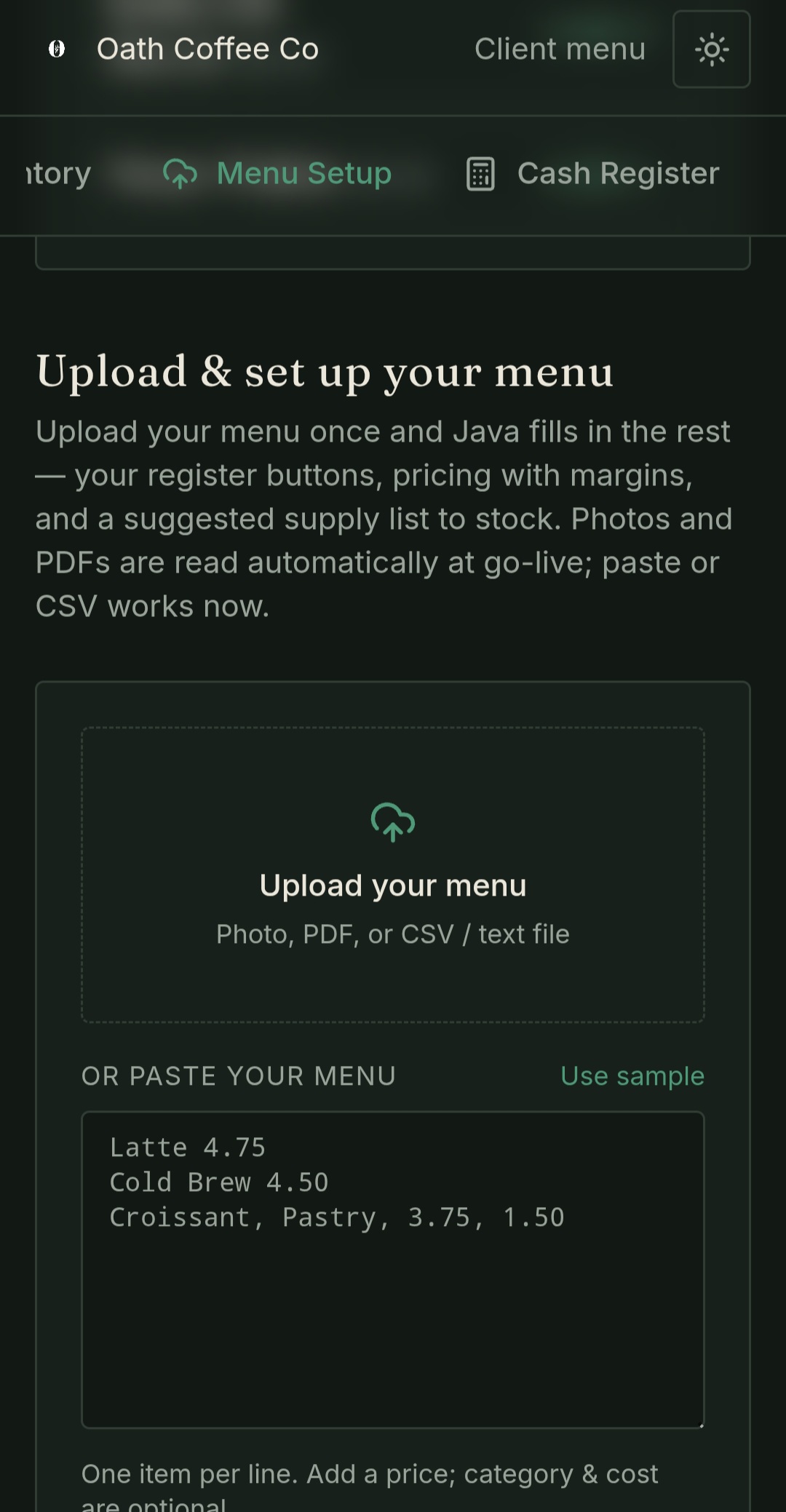 JAVA menu setup screen for uploading a photo, PDF, or pasted menu that JAVA turns into register buttons, pricing, and a supply list